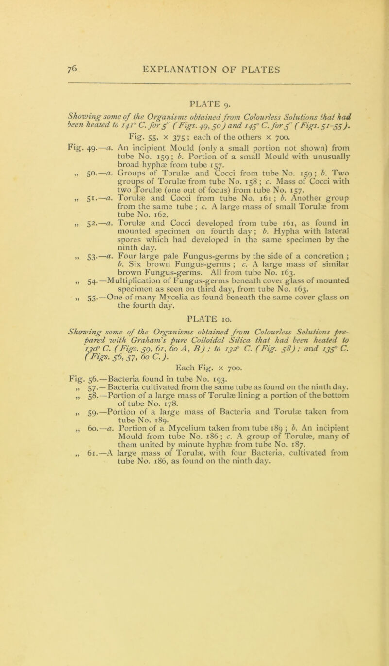 PLATE 9. Shoiving’ some of the Organisms obtained from Colourless Solutions that had been heated to C. for f (Figs, ^g, ^o) and C. for f (Figs. )• Eig- 55, X 375 ; each of the others x 700. Fig. 49.—a. An incipient Mould (only a small portion not shown) from tube No. 159; b. Portion of a small Mould with unusually broad hyphaj from tube 157. „ 50.—a. Groups of Torulae and Cocci from tube No. 159; b. Two groups of Torulae from tube No. 158 ; c. Mass of Cocci with two Torulae (one out of focus) from tube No. 157. „ 51.—a. Torulae and Cocci from tube No. i6i ; b. Another group from the same tube ; c. A large mass of small Torulae from tube No. 162. „ 52.—a. Torulae and Cocci developed from tube 161, as found in mounted specimen on fourth day; b. Hypha with lateral spores which had developed in the same specimen by the ninth day. „ 53.—a. Four large pale Fungus-germs by the side of a concretion ; b. Six brown Fungus-germs ; c. A large mass of similar brown Fungus-germs. All from tube No. 163. ,, 54.—Multiplication of Fungus-germs beneath cover glass of mounted specimen as seen on third day, from tube No. 163. „ 55.—One of many Mycella as found beneath the same cover glass on the fourth day. PLATE 10. Showing some of the Organisms obtained from Colourless Solutiotis pre- pared with Graham's pure Colloidal Silica that had been heated to 130° C. (Figs. 59, 61, 60 A, B) ; to ij2° C. (Fig. 38) ; and jjf C. ( Figs. 56, S7, 60 C.J. Each Fig. x 700. Fig. 56.—Bacteria found in tube No. 193. „ 57.— Bacteria cultivated from the same tube as found on the ninth da)’. „ 58.—Portion of a large mass of Torulae lining a portion of the bottom of tube No. 178. „ S.Q.—Portion of a large mass of Bacteria and Torulae taken from tube No. 189. „ 60.—a. Portion of a Mycelium taken from tube 189 ; b. An incipient Mould from tube No. 186; c. A group of Torulae, many of them united by minute hyphae from tube No. 187. ,, 61.—A large mass of Torulae, with four Bacteria, cultivated from tube No. 186, as found on the ninth day.