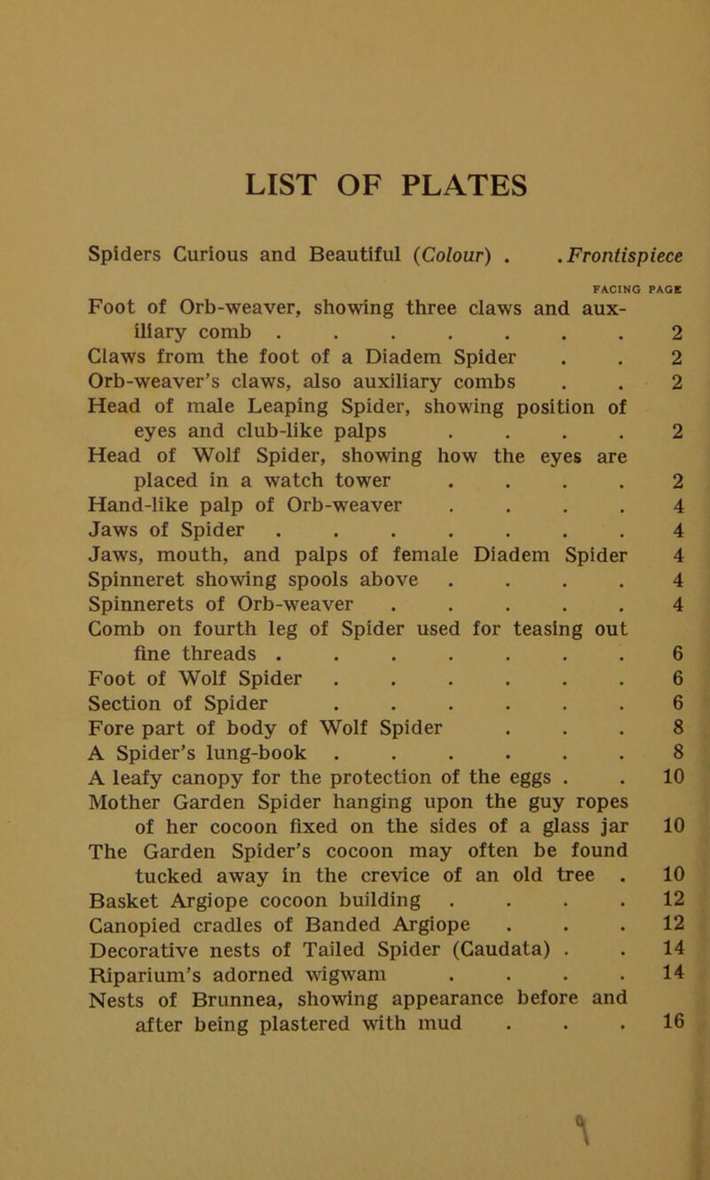 LIST OF PLATES Spiders Curious and Beautiful (Colour) . .Frontispiece FACING PAGE Foot of Orb-weaver, showing three claws and aux- iliary comb ....... 2 Claws from the foot of a Diadem Spider . . 2 Orb-weaver’s claws, also auxiliary combs . . 2 Head of male Leaping Spider, showing position of eyes and club-like palps .... 2 Head of Wolf Spider, showing how the eyes are placed in a watch tower .... 2 Hand-like palp of Orb-weaver .... 4 Jaws of Spider ....... 4 Jaws, mouth, and palps of female Diadem Spider 4 Spinneret showing spools above .... 4 Spinnerets of Orb-weaver ..... 4 Comb on fourth leg of Spider used for teasing out fine threads ....... 6 Foot of Wolf Spider ...... 6 Section of Spider ...... 6 Fore part of body of Wolf Spider ... 8 A Spider’s lung-book ...... 8 A leafy canopy for the protection of the eggs . . 10 Mother Garden Spider hanging upon the guy ropes of her cocoon fixed on the sides of a glass jar 10 The Garden Spider’s cocoon may often be found tucked away in the crevice of an old tree . 10 Basket Argiope cocoon building .... 12 Canopied cradles of Banded Argiope ... 12 Decorative nests of Tailed Spider (Caudata) . . 14 Riparium’s adorned wigwam . . . .14 Nests of Brunnea, showing appearance before and after being plastered with mud ... 16