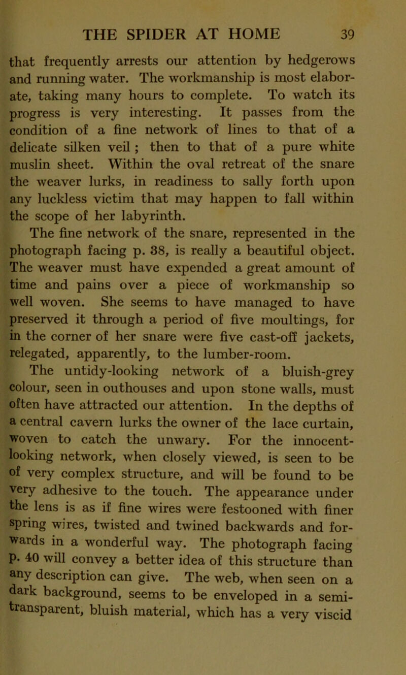 that frequently arrests our attention by hedgerows and running water. The workmanship is most elabor- ate, taking many hours to complete. To watch its progress is very interesting. It passes from the condition of a fine network of lines to that of a delicate silken veil ; then to that of a pure white muslin sheet. Within the oval retreat of the snare the weaver lurks, in readiness to sally forth upon any luckless victim that may happen to fall within the scope of her labyrinth. The fine network of the snare, represented in the photograph facing p. 38, is really a beautiful object. The weaver must have expended a great amount of time and pains over a piece of workmanship so well woven. She seems to have managed to have preserved it through a period of five moultings, for in the corner of her snare were five cast-off jackets, relegated, apparently, to the lumber-room. The untidy-looking network of a bluish-grey colour, seen in outhouses and upon stone walls, must often have attracted our attention. In the depths of a central cavern lurks the owner of the lace curtain, woven to catch the unwary. For the innocent- looking network, when closely viewed, is seen to be of very complex structure, and will be found to be very adhesive to the touch. The appearance under the lens is as if fine wires were festooned with finer spring wires, twisted and twined backwards and for- wards in a wonderful way. The photograph facing p. 40 will convey a better idea of this structure than any description can give. The web, when seen on a dark background, seems to be enveloped in a semi- transparent, bluish material, which has a very viscid