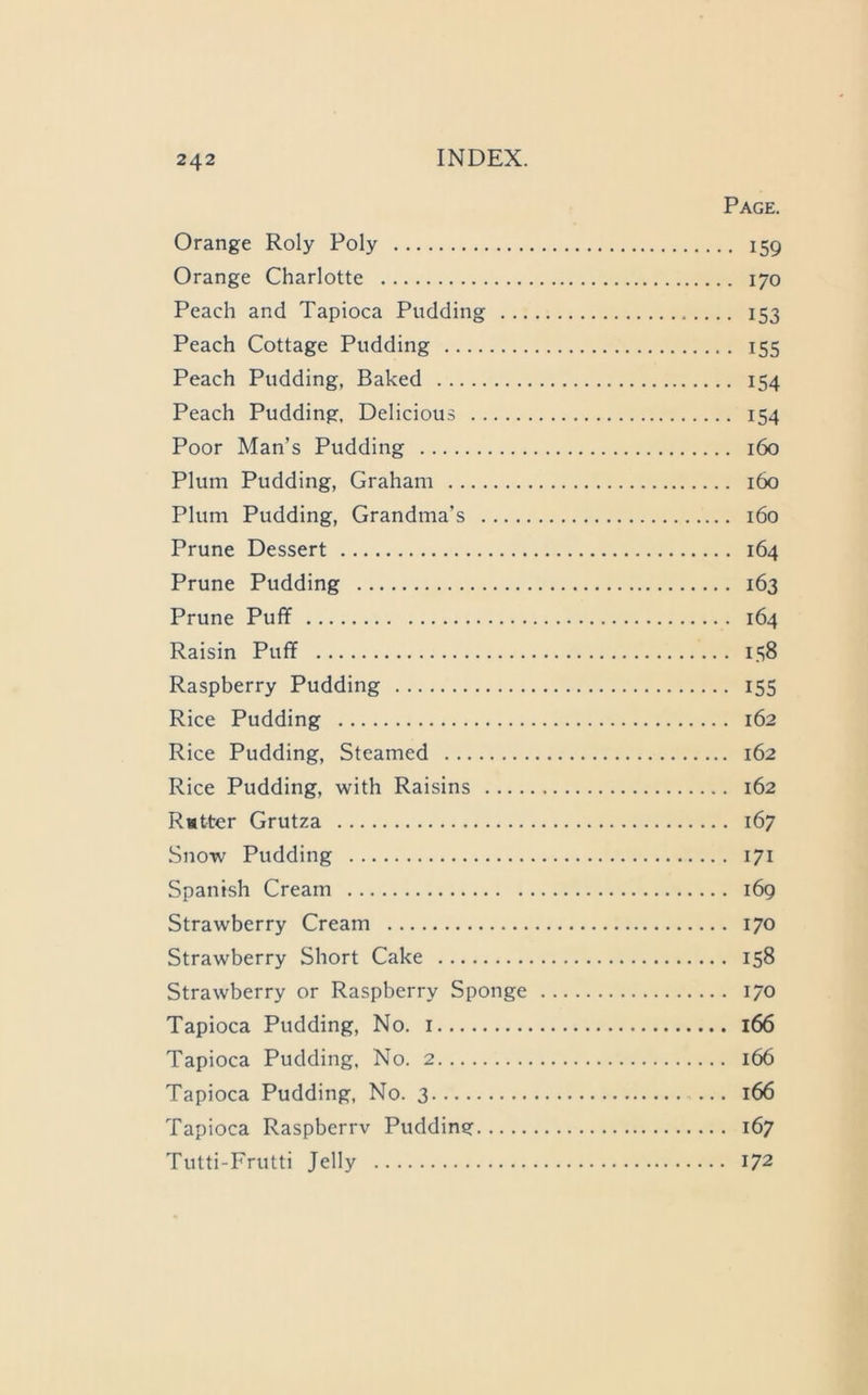 Page. Orange Roly Poly 159 Orange Charlotte 170 Peach and Tapioca Pudding 153 Peach Cottage Pudding 155 Peach Pudding, Baked 154 Peach Pudding, Delicious 154 Poor Man’s Pudding 160 Plum Pudding, Graham 160 Plum Pudding, Grandma’s 160 Prune Dessert 164 Prune Pudding 163 Prune Puff 164 Raisin Puff 138 Raspberry Pudding 155 Rice Pudding 162 Rice Pudding, Steamed 162 Rice Pudding, with Raisins 162 Ratter Grutza 167 Snow Pudding 171 Spanish Cream 169 Strawberry Cream 170 Strawberry Short Cake 158 Strawberry or Raspberry Sponge 170 Tapioca Pudding, No. i 166 Tapioca Pudding. No. 2 166 Tapioca Pudding, No. 3 ... 166 Tapioca Raspberry Pudding 167 Tutti-Frutti Jelly 172