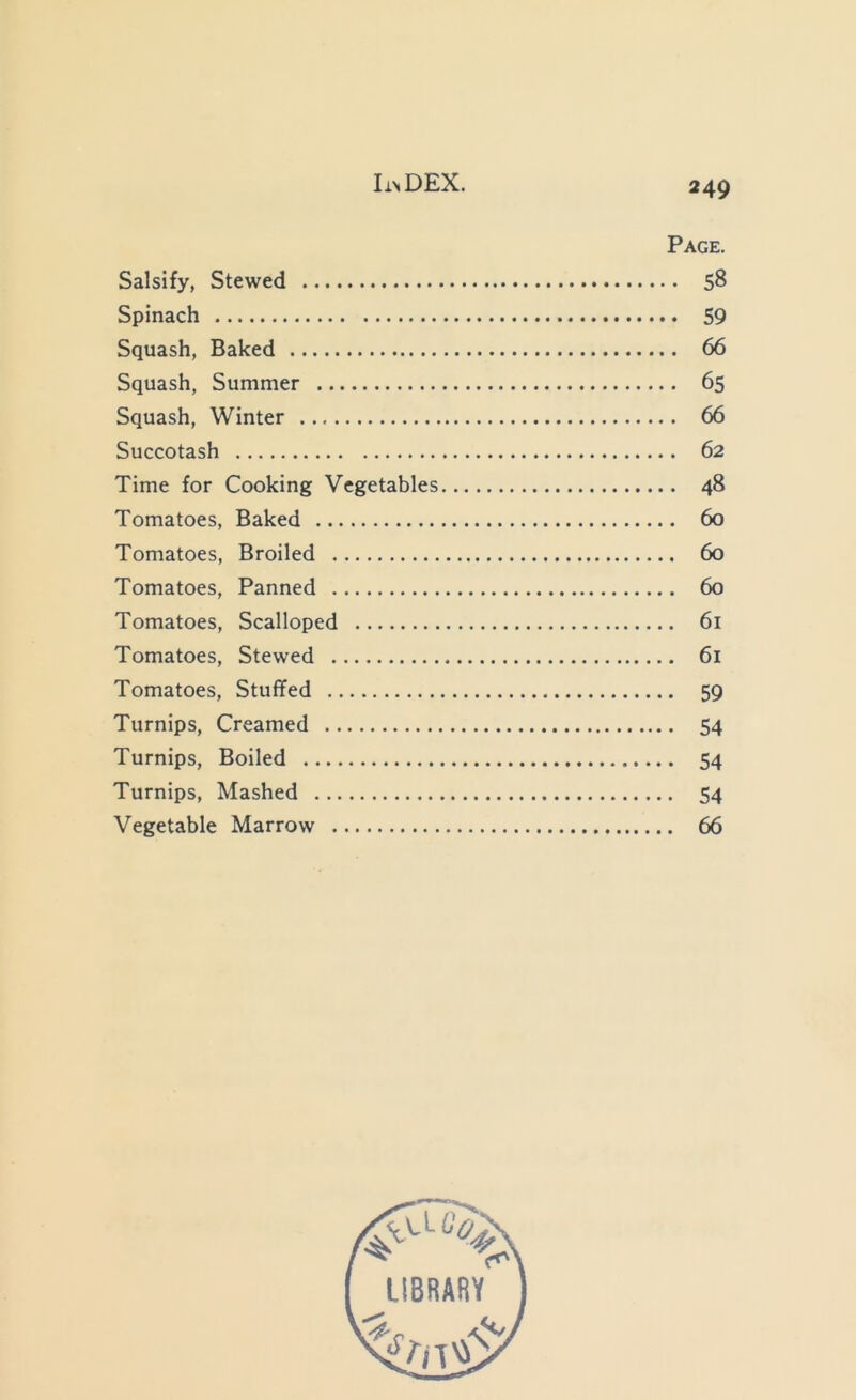Page. Salsify, Stewed 58 Spinach 59 Squash, Baked 66 Squash, Summer 65 Squash, Winter 66 Succotash 62 Time for Cooking Vegetables 48 Tomatoes, Baked 60 Tomatoes, Broiled 60 Tomatoes, Panned 60 Tomatoes, Scalloped 61 Tomatoes, Stewed 61 Tomatoes, Stuffed 59 Turnips, Creamed 54 Turnips, Boiled 54 Turnips, Mashed 54 Vegetable Marrow 66