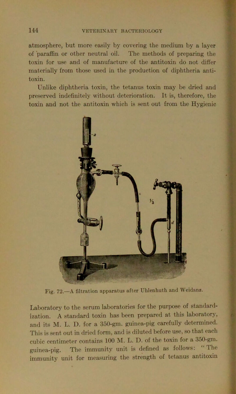 atmosphere, but more easily by covering the medium by a layer of paraffin or other neutral oil. The methods of preparing the toxin for use and of manufacture of the antitoxin do not differ materially from those used in the production of diphtheria anti- toxin. Unlike diphtheria toxin, the tetanus toxin may be dried and preserved indefinitely without deterioration. It is, therefore, the toxin and not the antitoxin which is sent out from the Hygienic Fig. 72.—A filtration apparatus after Uhlenhuth and Weidanz. Laboratory to the serum laboratories for the purpose of standard- ization. A standard toxin has been prepared at this laboratory, and its M. L. D. for a 350-gm. guinea-pig carefully determined. This is sent out in dried form, and is diluted before use, so that each cubic centimeter contains 100 M. L. D. of the toxin for a 350-gm. guinea-pig. The immunity unit is defined as follows. llu immunity unit for measuring the strength of tetanus antitoxin