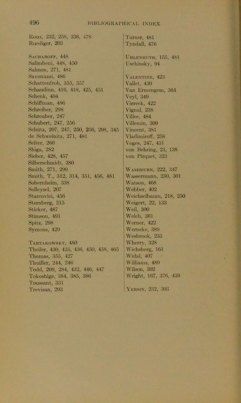Roux, 232, 258, 336, 478 Ruediger, 203 Turner, 481 Tyndall, 476 Sacharoff, 448 Salimbeni, 448, 450 Salmon, 271, 481 Savonuzzi, 486 Schattenfroh, 355, 357 Schaudinn, 416, 418, 425, 451 Schenk, 404 Schiffman, 486 Schreiber, 298 Schreuber, 247 Schubert, 247, 256 Schiitz, 207 , 247, 250, 256, 298, 345 de Schweinitz, 271, 481 Selter, 260 Shiga, 282 Sieber, 428, 457 Silberschmidt, 380 Smith, 271, 299 Smith, T., 312, 314, 351, 456, 481 Sobernheim, 338 Solleysel, 207 Starcovici, 456 Sternberg, 215 Sticker, 487 Stimson, 491 Spitz, 298 Symons, 429 Tartakowsky, 480 Theiler, 430, 435, 436, 450, 458, 465 Thomas, 355, 427 Thuiller, 244, 246 Todd, 209, 284, 432, 446, 447 Tokoshige, 384, 385, 386 Toussant, 331 Trevisan, 293 Uhlenhuth, 155, 481 Uschinsky, 94 Valentine, 423 Vallet, 430 Van Ermengem, 364 Veyl, 349 Viereck, 422 Vignal, 238 Villee, 484 Villemin, 309 Vincent, 381 Vladimiroff, 258 Voges, 247, 431 von Behring, 23, 138 von Pirquet, 323 Washburn, 222, 347 Wassennann, 230, 301 Watson, 468 Webber, 402 Weichselbauin, 218, 250 Weigert, 22, 133 Weil, 300 Welch, 361 Werner, 422 Wemeke, 389 Wesbrook, 233 Wherry, 328 Wichsberg, 161 i Widal, 407 | Williams, 489 Wilson, 302 Wright, 167, 376, 439 j Yersin, 232, 303