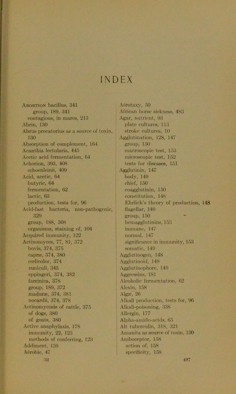 INDEX Abortion bacillus, 341 group, 189, 341 contagious, in mares, 213 Abrin, 130 Abrus preeatorius as a source of toxin, 130 Absorption of complement, 104 Acanthia lectularia, 445 Acetic acid fermentation, 04 Achorion, 393, 408 schoenleinii, 409 Acid, acetic, 64 butyric, 64 fermentation, 62 lact ic, 63 production, tests for, 96 Acid-fast bacteria, non-pat hogenic, 329 group, 188, 308 organisms, staining of, 104 Acquired immunity, 122 Actinomyces, 77, 81, 372 bovis, 374, 375 capne, 374, 380 coelicolor, 374 cuniculi, 345 eppingeri, 374, 382 farcinica, 378 group, 189, 372 maduras, 374, 381 nocardii, 374, 378 Actinomycosis of cattle, 375 of dogs, 380 of goats, 380 Active anaphylaxis, 178 immunity, 22, 123 met hods of conferring, 123 Addiment, 159 Aerobic, 47 Aerotaxy, 50 African horse sickness, 4S3 Agar, nut rient, 93 plate cultures, 113 stroke cultures, 10 Agglutination, 128, 147 group, 150 macroscopic test, 153 microscopic test, 152 tests for diseases, 151 Agglutinin, 147 body, 149 chief, 150 coagglutinin, 150 constitution, 148 i # 7 Ehrlich’s theory of production, 148 flagellar, 149 group, 150 - hemagglutinins, 153 immune, 147 normal, 147 significance in immunity, 153 somatic, 149 Agglutinogen, 148 Agglutinoid, 149 Agglutinophore, 149 Aggressins, 181 Alcoholic fermentation, 62 Alexin, 158 Algae, 26 Alkali production, tests for, 96 Alkali-poisoning, 338 I Allergin, 177 Alpha-amido-acids, 65 i Alt tuberculin, 318, 321 Amanita as source of toxin, 130 Amboceptor, 158 I action of, 158 specificity, 158 '197