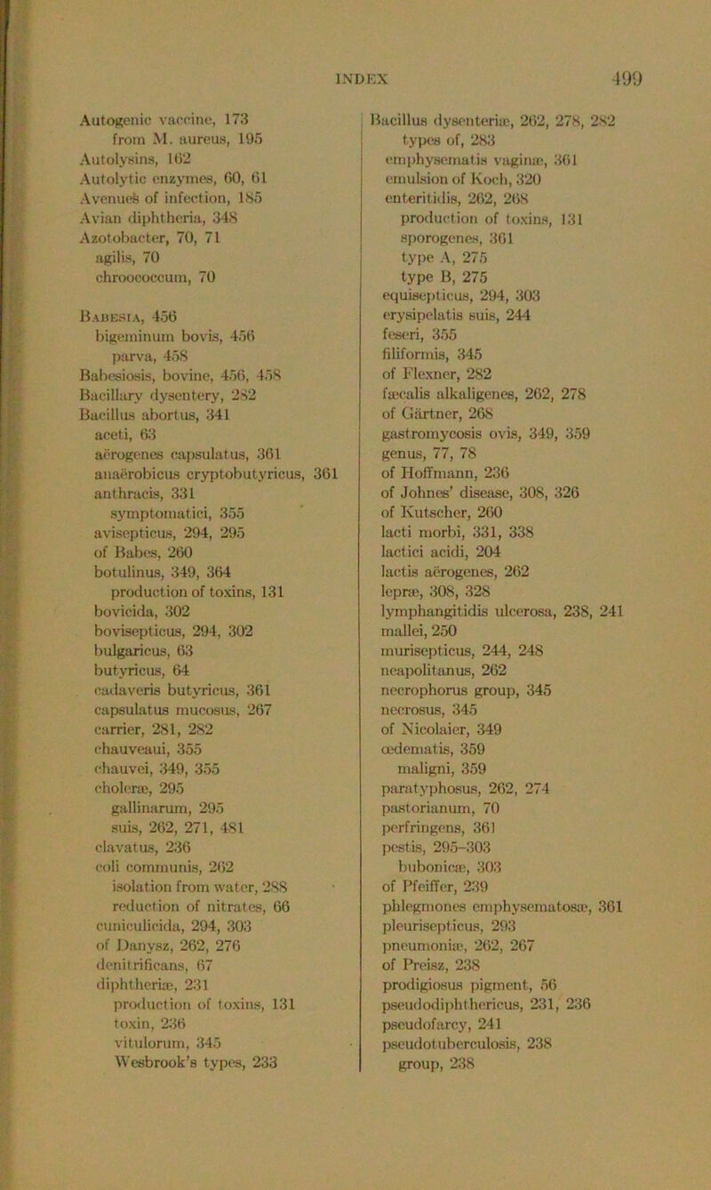 Autogenic vaccine, 173 from M. aureus, 195 Autolysins, 162 Autolytic enzymes, 60, 61 Avenues of infection, 185 Avian diphtheria, 348 Azotobacter, 70, 71 agilis, 70 chroococcum, 70 Babesia, 456 bigeminum bo vis, 456 parva, 458 Babesiosis, bovine, 456, 458 Bacillary dysentery, 282 Bacillus abortus, 341 aceti, 63 aerogenes capsulatus, 361 anaerobicus cryptobutyricus, 361 anthracis, 331 symptomatici, 355 avisepticus, 294, 295 of Babes, 260 botulinus, 349, 364 production of toxins, 131 bovicida, 302 bovisepticus, 294, 302 bulgaricus, 63 butyricus, 64 cadaveris butyricus, 361 capsulatus mucosus, 267 carrier, 281, 282 chauveaui, 355 chauvei, 349, 355 cholera), 295 gallinarum, 295 suis, 262, 271, 481 clavatus, 236 coli communis, 262 isolation from water, 288 reduction of nitrates, 66 cuniculicida, 294, 303 of Danysz, 262, 276 denitrificans, 67 diphtheria), 231 production of toxins, 131 toxin, 236 vitulorum, 345 Wesbrook’s types, 233 Bacillus dysenteriffi, 262, 278, 282 types of, 283 emphysematis vagina;, 361 emulsion of Koch, 320 enteritidis, 262, 268 production of toxins, 131 sporogenes, 361 type A, 275 type B, 275 equisepticus, 294, 303 erysipelatis suis, 244 feseri, 355 filiformis, 345 of Flexner, 282 fa)calis alkaligenes, 262, 278 of Gartner, 268 gastromycosis ovis, 349, 359 genus, 77, 78 of Hoffmann, 236 of Johnes’ disease, 308, 326 of Kutscher, 260 lacti morbi, 331, 338 lactici acidi, 204 lactis aerogenes, 262 lepra), 308, 328 lymphangitidis ulcerosa, 238, 241 mallei, 250 murisepticus, 244, 24S neapolitanus, 262 necrophorus group, 345 necrosus, 345 of Nicolaier, 349 cedematis, 359 maligni, 359 paratyphosus, 262, 274 pastorianum, 70 perfringens, 361 pestis, 295-303 bubonicas, 303 of Pfeiffer, 239 phlegmones emphysematosa), 361 pleurisepticus, 293 pneumonia), 262, 267 of Preisz, 238 prodigiosus pigment, 56 pseudodiphthericus, 231, 236 pseudofarcy, 241 pseudotuberculosis, 238 group, 238