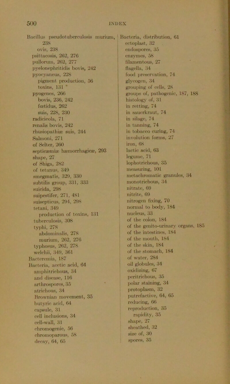Bacillus pseudotuberculosis murium, 238 ovis, 238 psittacosis, 262, 276 pullorum, 262, 277 pyelonephritidis bovis, 242 pyocyaneus, 228 pigment production, 56 toxins, 131 pyogenes, 266 bovis, 236, 242 fcetidus, 262 suis, 228, 230 radicicola, 71 renalis bovis, 242 rhusiopathue suis, 244 Salmoni, 271 of Belter, 260 septicaemia; haemorrhagicse, 293 shape, 27 of Shiga, 282 of tetanus, 349 smegmatis, 329, 330 subtilis group, 331, 333 suicida, 298 suipestifer, 271, 481 suiseptieus, 294, 298 tetani, 349 production of t oxins, 131 t uberculosis, 308 typhi, 278 abdominalis, 278 murium, 262, 276 typhosus, 262, 27S welchii, 349, 361 Bacteremia, 187 Bacteria, acetic acid, 64 amphitrichous, 34 and disease, 116 arthrospores, 35 atrichous, 34 Brownian movement, 35 butyric acid, 64 capsule, 31 cell inclusions, 34 cell-wall, 31 ehromogenic, 56 chromoparous, 58 decay, 64, 65 Bacteria, distribution, 61 eetoplast, 32 endospores, 35 enzymes, 58 filamentous, 27 flagella, 34 food preservation, 74 glycogen, 34 grouping of cells, 28 groups of, pathogenic, 187, 188 histology of, 31 in retting, 74 in sauerkraut, 74 in silage, 74 in tanning, 74 in tobacco curing, 74 involution forms, 27 j iron, 68 lactic acid, 63 legume, 71 lophotrichous, 35 measuring, 101 metachromatic granules, 34 monotrichous, 34 nitrate, 69 j nitrite, 69 nitrogen fixing, 70 normal to body, 1S4 nucleus, 33 of the colon, 184 of the genito-urinarv organs, 18 of the intestines, 184 of the mouth, 184 of the skin, 184 of the stomach, 184 of water, 284 oil globules, 34 oxidizing, 67 peritrichous, 35 polar staining, 34 protoplasm, 32 putrefactive, 64, 65 reducing, 66 reproduction, 35 rapidity, 35 shape, 27 sheathed, 32 size of, 30 spores, 35