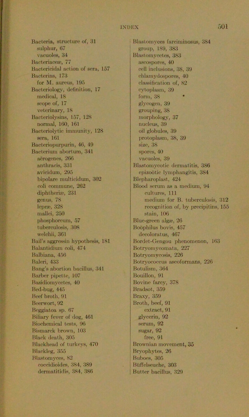 Bacteria, structure of, 31 sulphur, 67 vacuoles, 34 Bacteriace.se, 77 Bactericidal action of sera, 157 Bacterins, 173 for M. aureus, 195 Bacteriology, definition, 17 medical, 18 scope of, 17 veterinary, 18 Bacteriolysins, 157, 128 normal, 160, 161 Bacteriolytic immunity, 128 sera, 161 Bacteriopurpurin, 46, 49 Bacterium abortum, 341 aerogenes, 266 anthraeis, 331 avicidum, 295 bipolare multicidum, 302 coli commune, 262 diphtheria;, 231 genus, 78 lepra1, 328 mallei, 250 phosphoreum, 57 tuberculosis, 308 welchii, 361 Bail’s aggressin hypothesis, 181 Balantidium coli, 474 Balbiana, 456 Baleri, 433 Bang’s abortion bacillus, 341 Barber pipette, 107 Basidiomycetes, 40 Bed-bug, 445 Beef broth, 91 Beenvort, 92 Bcggiatoa sp. 67 Biliary' fever of dog, 461 Biochemical tests, 96 Bismarck brown, 103 Black death, 305 Blackhead of turkeys, 470 Blackleg, 355 Blastomyces, 82 coccidioides, 384, 389 dermatitidis, 384, 386 ■ Blastomyces farciminosus, 384 group, 189, 383 Bhisl omycetes, 383 ascospores, 40 cell inclusions, 38, 39 chlamydospores, 40 classification of, 82 cytoplasm, 39 form, 38 * glycogen, 39 grouping, 38 morphology, 37 nucleus, 39 oil globules, 39 protoplasm, 38, 39 size, 38 spores, 40 vacuoles, 39 Blastornycotic dermatitis, 386 epizootic lymphangitis, 384 Blepharoplast, 424 Blood serum as a medium, 94 cultures, 111 medium for B. tuberculosis, 312 recognition of, by precipitins, 155 stain, 106 Blue-green alga;, 26 Boophilus bovis, 457 decoloratus, 467 Bordet-Gengou phenomenon, 163 Botryomvcomata, 227 Botryomycosis, 226 Botryococcus ascoformans, 226 Botulism, 364 Bouillon, 91 Bovine farcy, 378 Bradsot, 359 Braxy, 359 Broth, beef, 91 extract, 91 glycerin, 92 serum, 92 sugar, 92 free, 91 Brownian movement, 35 Bryophytes, 26 Buboes, 305 j Bfiffelseuche, 303 ! Butter bacillus, 329