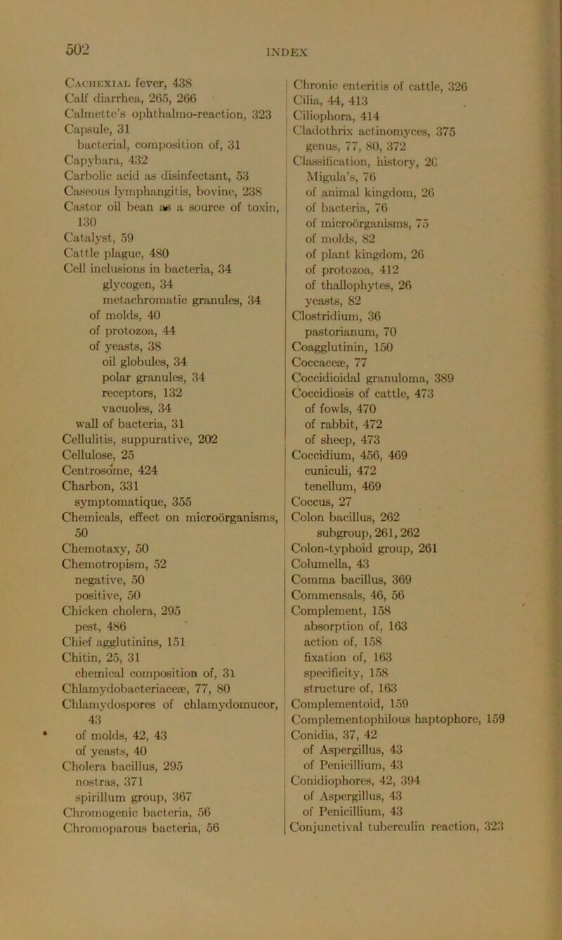 Cachexial fever, 438 Calf diarrhea, 265, 266 Calmette’s ophthalmo-reaction, 323 Capsule, 31 bacterial, composition of, 31 Capybara, 432 Carbolic acid as disinfectant, 53 Caseous lymphangitis, bovine, 238 Castor oil bean as a source of toxin, 130 Catalyst, 59 Cattle plague, 480 Cell inclusions in bacteria, 34 glycogen, 34 metachromatic granules, 34 of molds, 40 of protozoa, 44 of yeasts, 38 oil globules, 34 polar granules, 34 receptors, 132 vacuoles, 34 wall of bacteria, 31 Cellulitis, suppurative, 202 Cellulose, 25 Centrosoine, 424 Charbon, 331 symptomatique, 355 Chemicals, effect on microorganisms, 50 Chemotaxy, 50 Chemotropism, 52 negative, 50 positive, 50 Chicken cholera, 295 pest, 486 Chief agglutinins, 151 Chitin, 25, 31 chemical composition of, 31 Chlamydobacteriacese, 77, 80 Chlamydospores of chlarnydomucor, 43 of molds, 42, 43 of yeasts, 40 Cholera bacillus, 295 nostras, 371 spirillum group, 367 Chromogenic bacteria, 56 Chromoparous bacteria, 56 | Chronic enteritis of cattle, 326 Cilia, 44, 413 Ciliophora, 414 Cladothrix actinomyces, 375 genus, 77, 80, 372 ! Classification, history, 2C Migula’s, 76 of animal kingdom, 26 of bacteria, 76 of microorganisms, 75 of molds, 82 of plant kingdom, 26 of protozoa, 412 of thallophytes, 26 yeasts, 82 Clostridium, 36 pastorianum, 70 Coagglutinin, 150 Coccacea:, 77 Coccidioidal granuloma, 389 Coccidiosis of cattle, 473 of fowls, 470 of rabbit, 472 of sheep, 473 ' Coccidium, 456, 469 cuniculi, 472 tenellum, 469 Coccus, 27 Colon bacillus, 262 subgroup,261,262 Colon-typhoid group, 261 Columella, 43 Comma bacillus, 369 Commensals, 46, 56 Complement, 158 absorption of, 163 action of, 158 fixation of, 163 specificity, 158 structure of, 163 Complementoid, 159 Complementophilous haptophore, 159 ; Conidia, 37, 42 of Aspergillus, 43 of Penicillium, 43 Conidiophores, 42, 394 of Aspergillus, 43 of Penicillium, 43 Conjunctival tuberculin reaction, 323