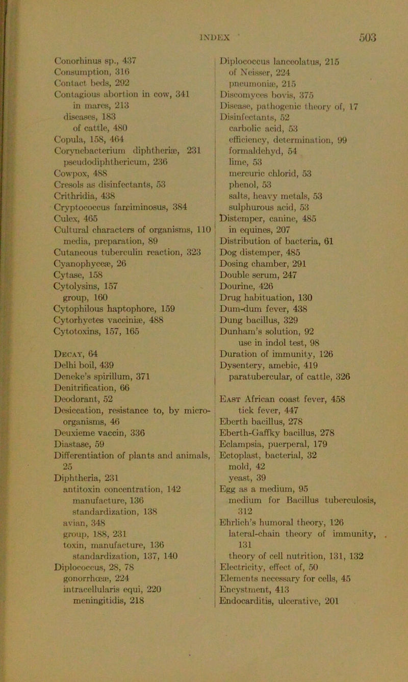 Conorhinus sp., 437 Consumption, 316 Conf lict beds, 292 Contagious abortion in cow, 341 in mares, 213 diseases, 183 of cattle, 480 Copula, 158, 464 Corvuebacterium diphtheria), 231 pseudodiphthericum, 236 Cowpox, 488 Cresols as disinfectants, 53 Crithridia, 438 Cryptococcus farciminosus, 384 Culex, 465 Cultural characters of organisms, 110 ! media, preparation, 89 Cutaneous tuberculin reaction, 323 Cyanophycese, 26 Cytase, 158 Cytolysins, 157 group, 160 Cytophilous haptophore, 159 Cytorhyctes vaccinia1, 488 Cytotoxins, 157, 165 Decay, 64 Delhi boil, 439 Deneke’s spirillum, 371 Denitrification, 66 Deodorant, 52 Desiccation, resistance to, by micro- organisms, 46 Deuxieme vaccin, 336 Diastase, 59 Differentiation of plants and animals, 25 Diphtheria, 231 antitoxin concentration, 142 manufacture, 136 standardization, 138 avian, 348 group, 188, 231 toxin, manufacture, 136 standardization, 137, 140 I Diplococcus, 28, 78 gonorrhoea;, 224 intracellularis equi, 220 meningitidis, 218 Diplococcus lanceolatus, 215 of Neisser, 224 pneumonia;, 215 Discomycee bovis, 375 Disease, pathogenic theory of, 17 Disinfectants, 52 carbolic acid, 53 efficiency, determination, 99 formaldehyd, 54 lime, 53 mercuric chlorid, 53 phenol, 53 salts, heavy metals, 53 sulphurous acid, 53 Distemper, canine, 485 in equines, 207 Distribution of bacteria, 61 Dog distemper, 485 Dosing chamber, 291 Double serum, 247 Dourine, 426 Drug habituation, 130 Dum-dum fever, 438 Dung bacillus, 329 Dunham’s solution, 92 use in indol test, 98 Duration of immunity, 126 Dysentery, amebic, 419 paratubercular, of cattle, 326 East African coast fever, 458 tick fever, 447 Eberth bacillus, 278 Eberth-Gaffky bacillus, 278 Eclampsia, puerperal, 179 Ectoplast, bacterial, 32 mold, 42 yeast, 39 Egg as a medium, 95 medium for Bacillus tuberculosis, 312 Ehrlich’s humoral theory, 126 lateral-chain theory of immunity, 131 theory of cell nutrition, 131, 132 Electricity, effect of, 50 Elements necessary for cells, 45 Encystment, 413 Endocarditis, ulcerative, 201