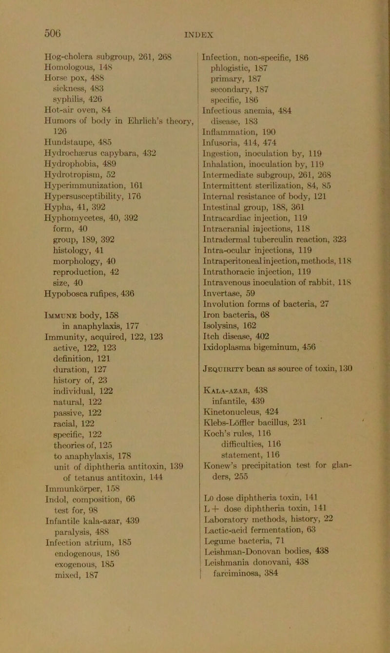 500 Hog-cholera subgroup, 261, 268 Homologous, 148 Horse pox, 488 sickness, 483 syphilis, 426 Hot-air oven, 84 Humors of body in Ehrlich’s theory, 126 Hundstaupe, 485 Hydrochmrus capybara, 432 Hydrophobia, 489 Hydrotropism, 52 Hyperimmunization, 161 Hypersusceptibility, 176 Hypha, 41, 392 Hyphomycetes, 40, 392 form, 40 group, 189, 392 histology, 41 morphology, 40 reproduction, 42 size, 40 Hypobosca rufipes, 436 Immune body, 158 in anaphylaxis, 177 Immunity, acquired, 122, 123 active, 122, 123 definition, 121 duration, 127 history of, 23 individual, 122 natural, 122 passive, 122 racial, 122 specific, 122 theories of, 125 to anaphylaxis, 178 unit of diphtheria antitoxin, 139 of tetanus antitoxin, 144 Immunkorper, 158 Indol, composition, 66 test for, 98 Infantile kala-azar, 439 paralysis, 488 Infection atrium, 185 endogenous, 186 exogenous, 185 mixed, 187 Infection, non-specific, 186 phlogistic, 187 primary, 187 secondary, 187 specific, 186 Infectious anemia, 484 disease, 183 Inflammation, 190 Infusoria, 414, 474 Ingestion, inoculation by, 119 Inhalation, inoculation by, 119 Intermediate subgroup, 261, 268 Intermittent sterilization, 84, 85 Internal resistance of body, 121 Intestinal group, 188, 361 Intracardiac injection, 119 Intracranial injections, 118 Intradermal tuberculin reaction, 323 Intra-ocular injections, 119 Intraperitoneal injection, methods, 118 Intrathoracic injection, 119 Intravenous inoculation of rabbit, 118 Invertase, 59 Involution forms of bacteria, 27 Iron bacteria, 68 Isolysins, 162 Itch disease, 402 Ixidoplasma bigeminum, 456 Jequirity bean as source of toxin, 130 Kala-azar, 438 infantile, 439 Kinetonucleus, 424 Klebs-Loffler bacillus, 231 Koch’s rules, 116 difficulties, 116 statement, 116 Konew’s precipitation test for glan- ders, 255 Lo dose diphtheria toxin, 141 L4- dose diphtheria toxin, 141 Laboratory methods, history, 22 Lactic-acid fermentation, 63 j legume bacteria, 71 Leishman-Donovan bodies, 438 I Leishinania donovani, 438 j farciminosa, 384