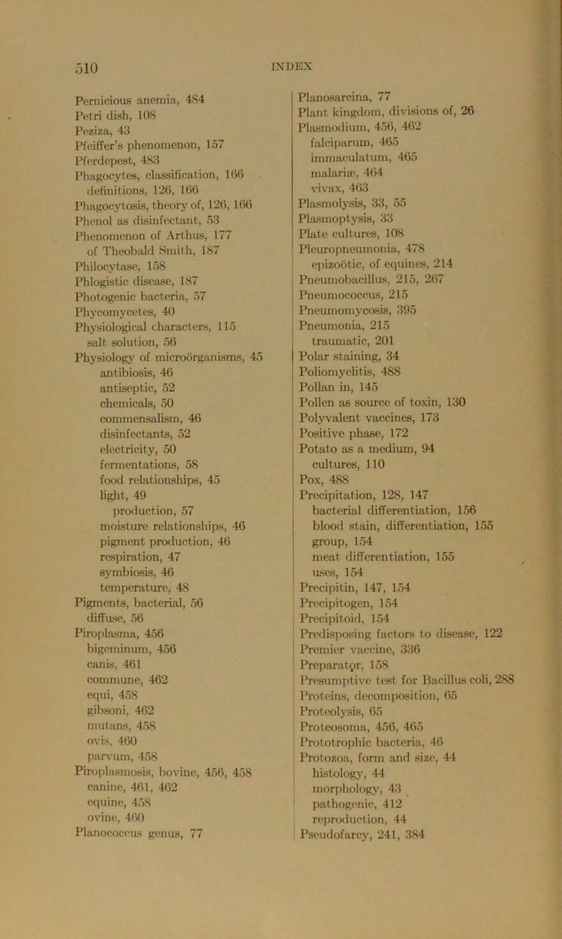 .310 Pernicious anemia, 4S4 Petri dish, 10S Peziza, 43 Pfeiffer’s phenomenon, 157 Pferdepest, 483 Phagocytes, classification, 166 definitions, 126, 166 Phagocytosis, theory of, 126,166 Phenol as disinfectant, 53 Phenomenon of Arthus, 177 of Theobald Smith, 187 Philocytase, 158 Phlogistic disease, 187 Photogenic bacteria, 57 Phycomycetes, 40 Physiological characters, 115 salt solution, 56 Physiology of microorganisms, 45 antibiosis, 46 antiseptic, 52 chemicals, 50 commensalism, 46 disinfectants, 52 electricity, 50 fermentations, 58 food relationships, 45 light, 49 production, 57 moisture relationships, 46 pigment production, 46 respiration, 47 symbiosis, 46 temperature, 48 Pigments, bacterial, 56 diffuse, 56 Piroplasma, 456 bigeminum, 456 canis, 461 commune, 462 equi, 458 gibsoni, 462 mutans, 458 ovis, 460 parvum, 458 Piroplasmosis, bovine, 456, 458 canine, 461, 462 equine, 458 ovine, 460 Planococcus genus, 77 Planosarcina, 77 Plant kingdom, divisions of, 26 Plasmodium, 456, 462 falciparum, 465 immaeulatum, 465 malaria1, 464 vivax, 463 Plasmolysis, 33, 55 Plasmoptysis, 33 Plate cultures, 108 Pleuropneumonia, 478 epizootic, of equines, 214 Pneumobacillus, 215, 267 Pneumococcus, 215 Pneumomycosis, 395 Pneumonia, 215 traumatic, 201 Polar staining, 34 Poliomyelitis, 488 Pollan in, 145 Pollen as source of toxin, 130 Polyvalent vaccines, 173 Positive phase, 172 Potato as a medium, 94 cultures, 110 Pox, 488 Precipitation, 128, 147 bacterial differentiation, 156 blood stain, differentiation, 155 group, 154 meat differentiation, 155 uses, 154 Precipitin, 147, 154 Precipitogen, 154 Precipitoid, 154 Predisposing factors to disease, 122 Premier vaccine, 336 Preparatyr, 158 Presumptive test for Bacillus coli, 2S8 Proteins, decomposition, 65 Proteolysis, 65 Proteosoma, 456, 465 Prototrophic bacteria, 46 Protozoa, form and size, 44 histology, 44 morphology, 43 pathogenic, 412 reproduction, 44 Pseudofarcy, 241, 384