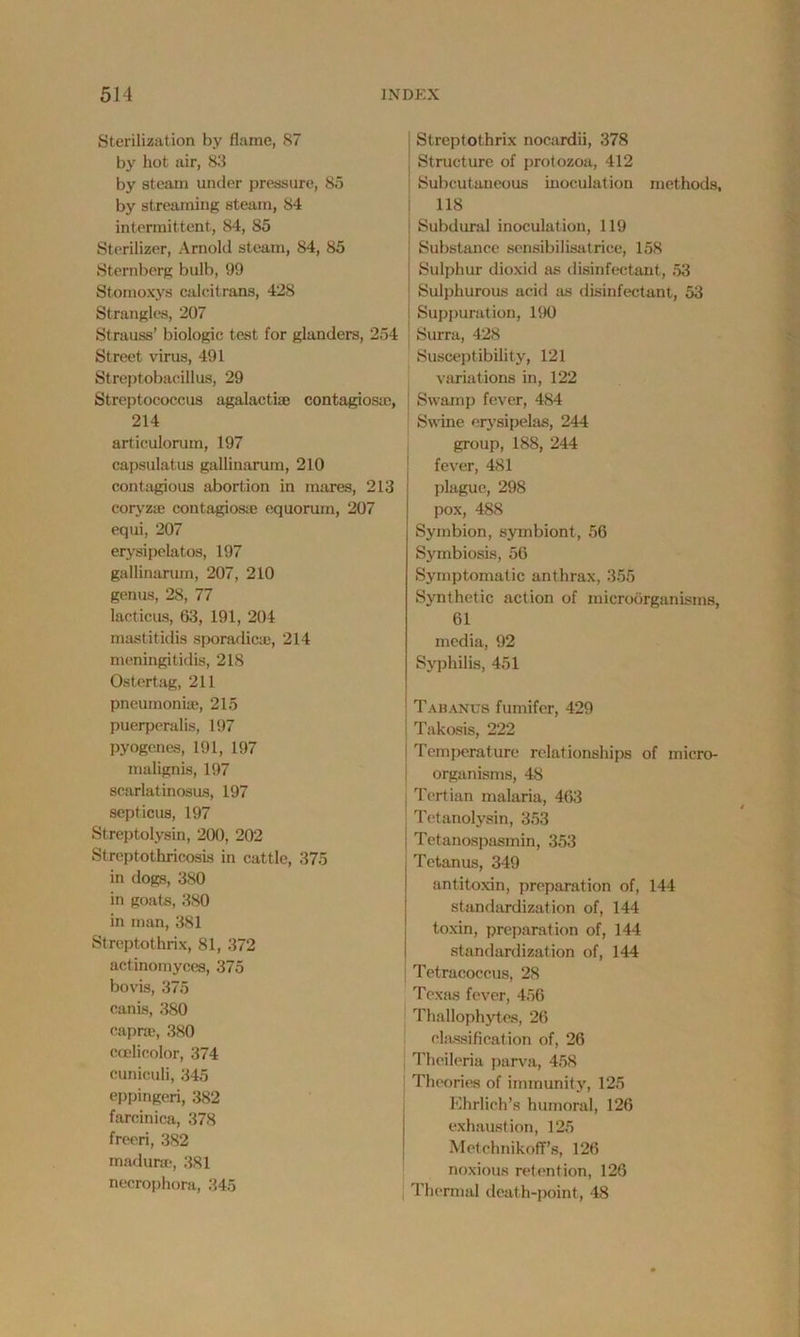 Sterilization by flame, 87 by hot air, 83 by steam under pressure, 85 by streaming steam, 84 intermittent, 84, 85 Sterilizer, Arnold steam, 84, 85 Sternberg bulb, 99 Stomoxys calcitrans, 428 Strangles, 207 Strauss’ biologic test for glanders, 254 Street virus, 491 Streptobacillus, 29 Streptococcus agalactia; contagiosa;, 214 articulorum, 197 capsulatus gallinarum, 210 contagious abortion in mares, 213 coryza contagiosa equorum, 207 equi, 207 erysipelatos, 197 gallinarum, 207, 210 genus, 28, 77 lacticus, 63, 191, 204 mastitidis sporadica, 214 meningitidis, 21S Ostertag, 211 pneumonia, 215 puerperalis, 197 pyogenes, 191, 197 malignis, 197 scarlatinosus, 197 septicus, 197 Streptolysin, 200, 202 Streptothricosis in cattle, 375 in dogs, 380 in goats, 380 in man, 381 Streptothrix, 81, 372 aetinomyces, 375 bovis, 375 canis, 380 capra, 380 coelieolor, 374 cuniculi, 345 eppingeri, 382 farcinica, 378 freeri, 382 madura, 381 necrophora, 345 Streptothrix nocardii, 378 Structure of protozoa, 412 Subcutaneous inoculation methods, 118 Subdural inoculation, 119 Substance sensibilisatrice, 158 Sulphur dioxid as disinfectant, 53 Sulphurous acid as disinfectant, 53 Suppuration, 190 Surra, 428 Susceptibility, 121 variations in, 122 Swamp fever, 484 Swine erysipelas, 244 group, 188, 244 fever, 481 plague, 298 pox, 488 Symbion, symbiont, 56 Symbiosis, 56 Symptomatic anthrax, 355 Synthetic action of microorganisms, 61 media, 92 Syphilis, 451 Tabanus fumifer, 429 Takosis, 222 | Temperature relationships of micro- | organisms, 48 Tertian malaria, 463 Tetanolysin, 353 Tetanospasmin, 353 Tetanus, 349 antitoxin, preparation of, 144 standardization of, 144 toxin, preparation of, 144 standardization of, 144 j Tetracoccus, 28 Texas fever, 456 Thallophytes, 26 classification of, 26 Thcileria parva, 458 Theories of immunity, 125 Ehrlich’s humoral, 126 exhaustion, 125 Metchnikoff’s, 126 noxious retention, 126 Thermal death-point, 48