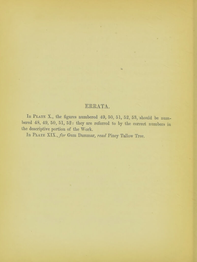 ERRATA. In Plate X., the figures numbered 49, 50, 51, 52, 53, should be num- bered 48, 49, 50, 51, 52: they are referred to by the correct numbers in the descriptive portion of the Work. In Plate XIX., for Gum Dammar, read Pincy Tallow Tree.