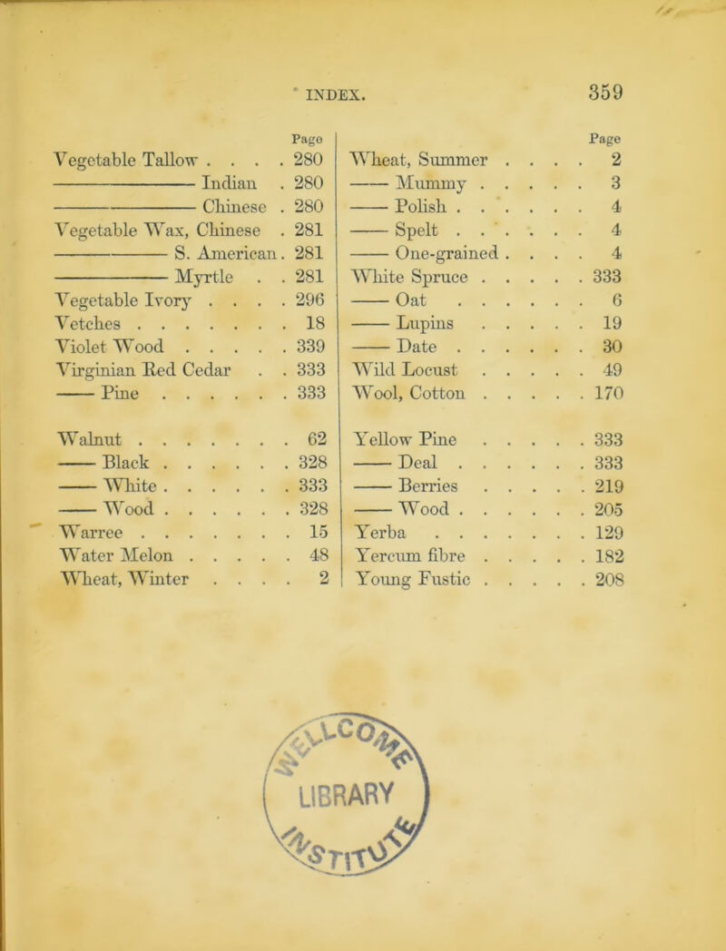 Pago Vegetable Tallow .... 280 Indian . 280 Chinese . 280 Vegetable Wax, Chinese . 281 S. American. 281 Myrtle . . 281 Vegetable Ivor}' .... 296 Vetches 18 Violet Wood 339 Virginian Red Cedar . . 333 Pine 333 W alnut 62 Black 328 WTdte 333 Wood 328 W arree 15 Water Melon 48 Wheat, Winter .... 2 Page Wheat, Summer .... 2 Mummy 3 Polish 4 Spelt ...... 4 One-grained .... 4 White Spruce 333 Oat 6 Lupins 19 Date 30 Wild Locust 49 Wool, Cotton 170 Yellow Pine 333 Deal 333 Berries 219 Wood 205 Yerba 129 Yercum fibre 182 Young Fustic 208 ( library