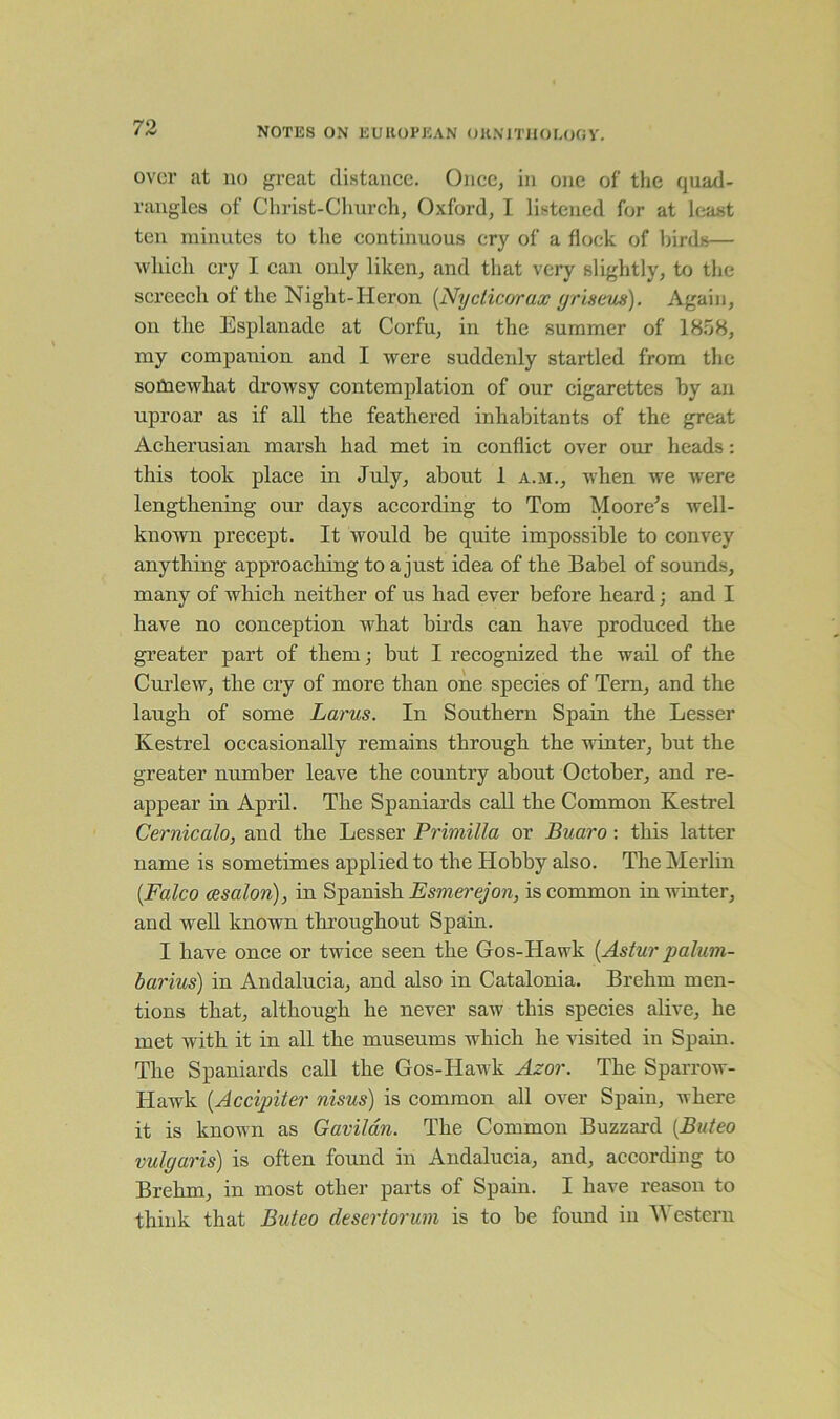 over at no great distance. Once, in one of the quad- rangles of Christ-Church, Oxford, I listened for at least ten minutes to the continuous cry of a flock of birds— which cry I can only liken, and that very slightly, to the screech of the Night-Heron (Nycticorax griseus). Again, on the Esplanade at Corfu, in the summer of 1858, my companion and I were suddenly startled from the somewhat drowsy contemplation of our cigarettes by an uproar as if all the feathered inhabitants of the great Acherusian marsh had met in conflict over our heads: this took place in July, about 1 a.m., when we were lengthening our days according to Tom Moore's well- known precept. It would be quite impossible to convey anything approaching to a just idea of the Babel of sounds, many of which neither of us had ever before heard; and I have no conception what birds can have produced the greater part of them; but I recognized the wail of the Curlew, the cry of more than one species of Tern, and the laugh of some Larus. In Southern Spain the Lesser Kestrel occasionally remains through the winter, but the greater number leave the country about October, and re- appear in April. The Spaniards call the Common Kestrel Cernicalo, and the Lesser Primilla or Buaro : this latter name is sometimes applied to the Hobby also. The Merlin (.Falco cesalon), in Spanish Esmerejon, is common in winter, and well known throughout Spain. I have once or twice seen the Gos-Hawk (Astur palum- barius) in Andalucia, and also in Catalonia. Brekm men- tions that, although he never saw this species alive, he met with it in all the museums which he visited in Spain. The Spaniards call the Gos-Hawk Azov. The Sparrow- Hawk (Accipiter nisus) is common all over Spain, where it is known as Gavilan. The Common Buzzard (.Buteo vulgaris) is often found in Andalucia, and, according to Brehm, in most other parts of Spain. I have reason to think that Buteo desertorum is to be found in II estern