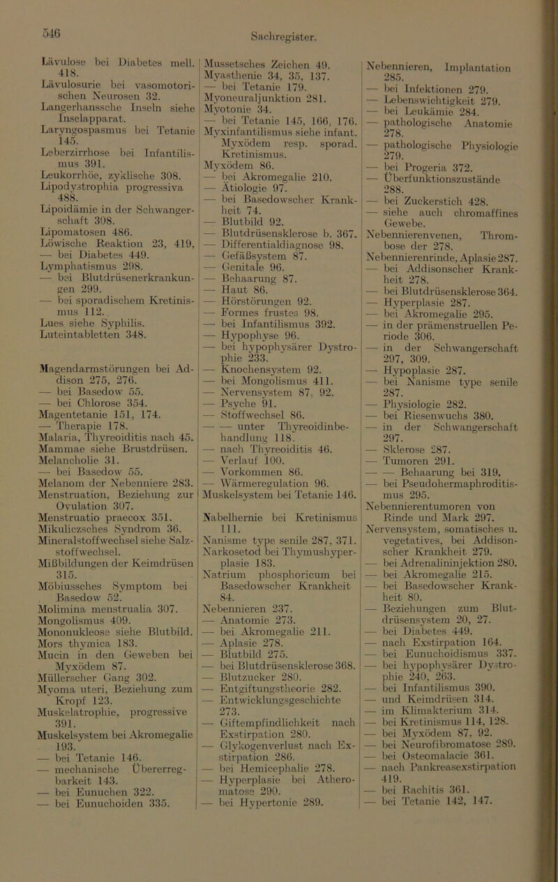 Lävulose bei Diabetes mell. 418. Lävulosurie bei vasomotori- schen Neurosen 32. Langerhanasche Inseln siehe Inselapparat. Laryngospasmus bei Tetanie 145. Leberzirrhose bei Infantilis- mus 391. Leukorrhoe, zyklische 308. Lipodystrophia progressiva 488. Lipoidämie in der Schwanger- schaft 308. Lipomatosen 486. Löwische Reaktion 23, 419, — bei Diabetes 449. Lymphatismus 298. — bei Blutdrüsenerkrankun- gen 299. — bei sporadischem Kretinis- mus 112. Lues siehe Syphilis. Luteintabletten 348. Magendarmstörungen bei Ad- dison 275, 276. — bei Basedow 55. — bei Chlorose 354. Magentetanie 151, 174. — Therapie 178. Malaria, Thyreoiditis nach 45. Mammae siehe Brustdrüsen. Melancholie 31. — bei Basedow 55. Melanom der Nebenniere 283. Menstruation, Beziehung zur Ovulation 307. Menstruatio praecox 351. Mikuliczsches Syndrom 36. Mineralstoffwechsel siehe Salz- stoffwechsel. Mißbildungen der Keimdrüsen 315. Möbiussches Symptom bei Basedow 52. Molimina menstrualia 307. Mongolismus 409. Mononukleose siehe Blutbild. Mors thymica 183. Mucin in den Geweben bei Myxödem 87. Müllerscher Gang 302. Myoma uteri, Beziehung zum Kropf 123. Muskelatrophie, progressive 391. Muskelsystem bei Akromegalie 193. — bei Tetanie 146. — mechanische Übererreg- barkeit 143. — bei Eunuchen 322. — bei Eunuchoiden 335. Mussetsches Zeichen 49. Myasthenie 34, 35, 137. - bei Tetanie 179. Myoneuraljunktion 281. Myotonie 34. — bei Tetanie 145, 166, 176. Myxinfantilismus siehe infant. Myxödem resp. sporad. Kretinismus. Myxödem 86. — bei Akromegalie 210. — Ätiologie 97. — bei Basedowscher Krank- heit 74. — Blutbild 92. —- Blutdrüsensklerose b. 367. — Differentialdiagnose 98. — Gefäßsystem 87. — Genitale 96. — Behaarung 87. — Haut 86. — Hörstörungen 92. —■ Eormes frustes 98. — bei Infantilismus 392. — Hypophyse 96. —- bei hypophysärer Dystro- phie 233. — Knoehensystem 92. — bei Mongolismus 411. — Nervensystem 87, 92. — Psyche 91. -— Stoffwechsel 86. unter Thyreoidinbe- handlung 118. — nach Thyreoiditis 46. — Verlauf 100. — Vorkommen 86. — Wärmeregulation 96. Muskelsystem bei Tetanie 146. Nabelhernie bei Kretinismus 111. Nanisme type senile 287, 371. Narkosetod bei Thymushyper- plasie 183. Natrium phosphoricum bei Basedowscher Krankheit 84. Nebennieren 237. — Anatomie 273. — bei Akromegalie 211. — Aplasie 278. - Blutbild 275. — bei Blutdrüsensklerose 368. — Blutzucker 280. — Entgiftungstheorie 282. -— Entwicklungsgeschichte 273. — Giftempfindlichkeit nach Exstirpation 280. — Glykogenverlust nach Ex- stirpation 286. — bei Hemicephalie 278. — Hyperplasie bei Athero- matose 290. — bei Hypertonie 289. Nebennieren, Implantation 285. — bei Infektionen 279. — Lebenswichtigkeit 279. - bei Leukämie 284. - pathologische Anatomie 278. — pathologische Physiologie 279. — bei Progeria 372. — Überfunktionszustände 288. — bei Zuckerstich 428. — siehe auch chromaffines Gewebe. Nebennierenvenen, Throm- bose der 278. Nebennierenrinde, Aplasie 287. — bei Addisonscher Krank- heit 278. — bei Blutdrüsensklerose 364. — Hyperplasie 287. — bei Akromegalie 295. — in der prämenstruellen Pe- riode 306. — in der Schwangerschaft 297, 309. — Hypoplasie 287. ■— bei Nanisme type senile 287. — Physiologie 282. —- bei Riesenwuchs 380. — in der Schwangerschaft 297. — Sklerose 287. — Tumoren 291. —- — Behaarung bei 319. — bei Pseudohermaphroditis- mus 295. Nebennierentumoren von Rinde und Mark 297. Nervensystem, somatisches u. vegetatives, bei Addison- scher Krankheit 279. — bei Adrenalininjektion 280. — bei Akromegalie 215. — bei Basedowscher Krank- heit 80. — Beziehungen zum Blut- drüsensystem 20, 27. — bei Diabetes 449. — nach Exstirpation 164. — bei Eunuchoidismus 337. — bei hypophysärer Dystro- phie 240, 263. — bei Infantilismus 390. — und Keimdrüsen 314. — im Klimakterium 314. — bei Kretinismus 114. 128. — bei Myxödem 87, 92. — bei Neurofibromatose 289. — bei Osteomalacie 361. — nach Pankreasexstirpation 419. — bei Rachitis 361. — bei Tetanie 142, 147.