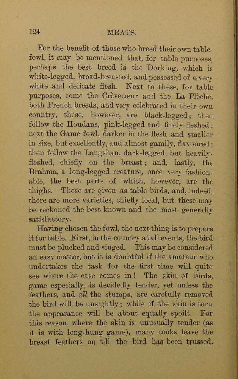 For the benefit of those who breed their own table- fowl, it may be mentioned that, for table purposes, perhaps the best breed is the Dorking, which is white-legged, broad-breasted, and possessed of a very white and delicate flesh. Next to these, for table purposes, come the Crevecoeur and the La Fleche, both French breeds, and very celebrated in their own country, these, however, are black-legged; then follow the Houdans, pink-legged and finely-fleshed; next the G-ame fowl, dai-ker in the flesh and smaller in size, but excellently, and almost gamily, flavoured; then follow the Langshan, dark-legged, but heavily - fleshed, chiefly . on the breast; and, lastly, the Brahma, a long-legged creature, once very fashion- able, the best parts of which, however, are the thighs. These are given as table birds, and, indeed, there are more varieties, chiefly local, but these may be reckoned the best known and the most generally satisfactory. Having chosen the fowl, the next thing is to prepare it for table. First, in the country at all events, the bird must be plucked and singed. This may be considered an easy matter, but it is doubtful if the amateur who undertakes the task for the first time will quite see where the ease comes in ! The skin of birds, game especially, is decidedly tender, yet unless the feathers, and all the stumps, are carefully removed the bird will be unsightly; while if the skin is torn the appearance will be about equally spoilt. For this reason, where the skin is unusually tender (as it is with long-hung game), many cooks leave the breast feathers on till the bird has been trussed.