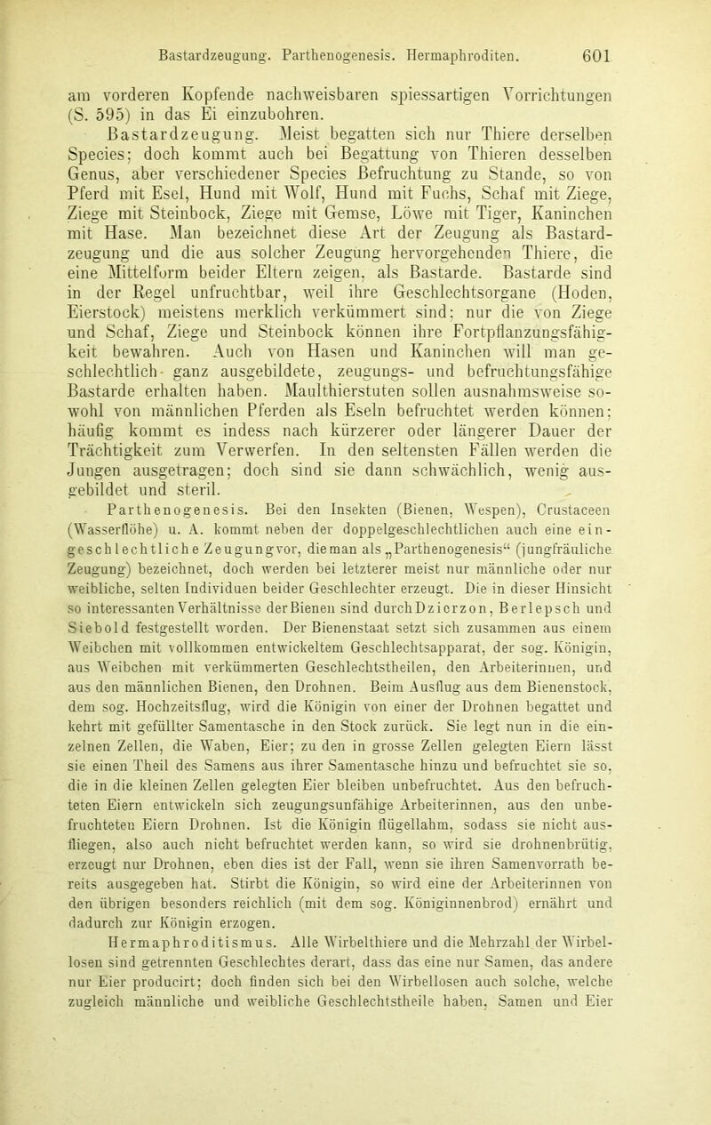 am vorderen Kopfende nachweisbaren spiessartigen Vorrichtungen (S. 595) in das Ei einzubohren. Bastardzeugung. Meist begatten sich nur Thiere derselben Species; doch kommt auch bei Begattung von Thieren desselben Genus, aber verschiedener Species Befruchtung zu Stande, so von Pferd mit Esel, Hund mit Wolf, Hund mit Fuchs, Schaf mit Ziege, Ziege mit Steinbock, Ziege mit Gemse, Löwe mit Tiger, Kaninchen mit Hase. Man bezeichnet diese Art der Zeugung als Bastard- zeugung und die aus solcher Zeugung hervorgehenden Thiere, die eine Mittelforra beider Eltern zeigen, als Bastarde. Bastarde sind in der Regel unfruchtbar, weil ihre Geschlechtsorgane (Hoden, Eierstock) meistens merklich verkümmert sind: nur die von Ziege und Schaf, Ziege und Steinbock können ihre Fortpflanzungsfähig- keit bewahren. Auch von Hasen und Kaninchen will man ge- schlechtlich- ganz ausgebildete, zeugungs- und befruchtungsfähige Bastarde erhalten haben. Maulthierstuten sollen ausnahmsweise so- wohl von männlichen Pferden als Eseln befruchtet Averden können: häufig kommt es indess nach kürzerer oder längerer Dauer der Trächtigkeit zum Verwerfen. In den seltensten Fällen Averden die Jungen ausgetragen; doch sind sie dann schwächlich, wenig aus- gebildet und steril. Parthenogenesis. Bei den Insekten (Bienen. Wespen), Crustaceen (Wasserflöhe) u. A. kommt neben der doppelgeschlechtlichen auch eine ein- geschlechtliche Zeugungvor, dieman als „Parthenogenesis“ (jungfräuliche Zeugung) bezeichnet, doch werden bei letzterer meist nur männliche oder nur weibliche, selten Individuen beider Geschlechter erzeugt. Die in dieser Hinsicht so interessanten Verhältnisse derBienen sind durchDzierzon, Berlepsch und Siebold festgestellt worden. Der Bienenstaat setzt sich zusammen aus einem Weibchen mit vollkommen entwickeltem Geschlechtsapparat, der sog. Königin, aus Weibchen mit verkümmerten Geschlechtstheilen, den Arbeiterinnen, und aus den männlichen Bienen, den Drohnen. Beim Ausflug aus dem Bienenstock, dem sog. Hochzeitsflug, wird die Königin von einer der Drohnen begattet und kehrt mit gefüllter Samentasche in den Stock zurück. Sie legt nun in die ein- zelnen Zellen, die Waben, Eier; zu den in grosse Zellen gelegten Eiern lässt sie einen Theil des Samens aus ihrer Samentasche hinzu und befruchtet sie so, die in die kleinen Zellen gelegten Eier bleiben unbefruchtet. Aus den befruch- teten Eiern entwickeln sich zeugungsunfähige Arbeiterinnen, aus den unbe- fruchteten Eiern Drohnen. Ist die Königin flügellahm, sodass sie nicht aus- fliegen, also auch nicht befruchtet werden kann, so wird sie drohnenbrütig, erzeugt nur Drohnen, eben dies ist der Fall, wenn sie ihren Samenvorrath be- reits ausgegeben hat. Stirbt die Königin, so wird eine der Arbeiterinnen von den übrigen besonders reichlich (mit dem sog. Königinnenbrod) ernährt und dadurch zur Königin erzogen. Hermaphroditismus. Alle Wirbelthiere und die Mehrzahl der Wirbel- losen sind getrennten Geschlechtes derart, dass das eine nur Samen, das andere nur Eier producirt; doch finden sich bei den Wirbellosen auch solche, welche zugleich männliche und weibliche Geschlechtstheile haben. Samen und Eier