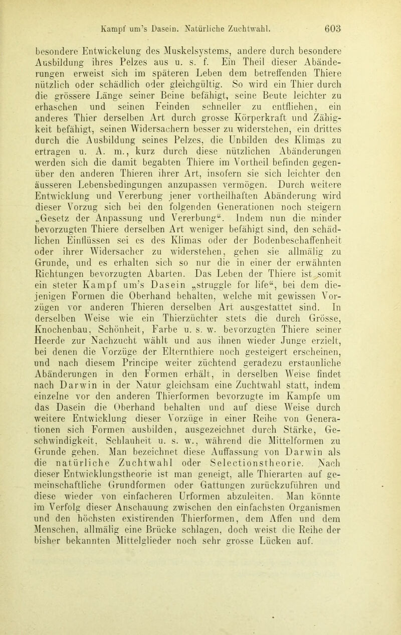 besondere Entwickelung des Muskelsystems, andere durch besondere Ausbildung ihres Pelzes aus u. s. f. Ein Theil dieser Abände- rungen erweist sich im späteren Leben dem betreffenden Thiere nützlich oder schädlich oder gleichgültig. So wird ein Thier durch die grössere Länge seiner Beine befähigt, seine Beute leichter zu erhaschen und seinen Feinden schneller zu entfliehen, ein anderes Thier derselben Art durch grosse Körperkraft und Zähig- keit befähigt, seinen Widersachern besser zu widerstehen, ein drittes durch die Ausbildung seines Pelzes, die Unbilden des Klimas zu ertragen u. A. m., kurz durch diese nützlichen Abänderungen werden sich die damit begabten Thiere im Vortheil befinden gegen- über den anderen Thieren ihrer Art, insofern sie sich leichter den äusseren Lebensbedingungen anzupassen vermögen. Durch weitere Entwicklung und Vererbung jener vortheilhaften Abänderung wird dieser Vorzug sich bei den folgenden Generationen noch steigern „Gesetz der Anpassung und Vererbung“. Indem nun die minder bevorzugten Thiere derselben Art weniger befähigt sind, den schäd- lichen Einflüssen sei es des Klimas oder der Bodenbeschaffenheit oder ihrer Widersacher zu widerstehen, gehen sie allmälig zu Grunde, und es erhalten sich so nur die in einer der erwähnten Richtungen bevorzugten Abarten. Das Leben der Thiere ist^somit ein steter Kampf um’s Dasein „struggle for life“, bei dem die- jenigen Formen die Oberhand behalten, welche mit gewissen Vor- zügen vor anderen Thieren derselben Art ausgestattet sind. In derselben Weise tvie ein Thierzüchter stets die durch Grösse, Knochenbau, Schönheit, Farbe u. s. w. bevorzugten Thiere seiner Heerde zur Nachzucht wählt und aus ihnen wieder Junge erzielt, bei denen die Vorzüge der Elterntbiere noch gesteigert erscheinen, und nach diesem Principe weiter züchtend geradezu erstaunliche Abänderungen in den Formen erhält, in derselben Weise findet nach Darwin in der Natur gleichsam eine Zuchtwahl statt, indem einzelne vor den anderen Thierformen bevorzugte im Kampfe um das Dasein die Oberhand behalten und auf diese Weise durch weitere Entwicklung dieser Vorzüge in einer Reihe von Genera- tionen sich Formen ausbilden, ausgezeichnet durch Stärke, Ge- schwindigkeit. Schlauheit u. s. w., während die Mittelformen zu Grunde gehen. Man bezeichnet diese Auffassung von Darwin als die natürliche Zuchtwahl oder Selectionstheorie. Nach dieser Entwicklungstheorie ist man geneigt, alle Thierarten auf ge- meinschaftliche Grundformen oder Gattungen zurückzuführen und diese wieder von einfacheren Urformen abzuleiten. Man könnte im Verfolg dieser Anschauung zwischen den einfachsten Organismen und den höchsten existirenden Thierformen, dem Affen und dem Menschen, allmälig eine Brücke schlagen, doch weist die Reihe der bisher bekannten Mittelglieder noch sehr grosse Lücken auf.