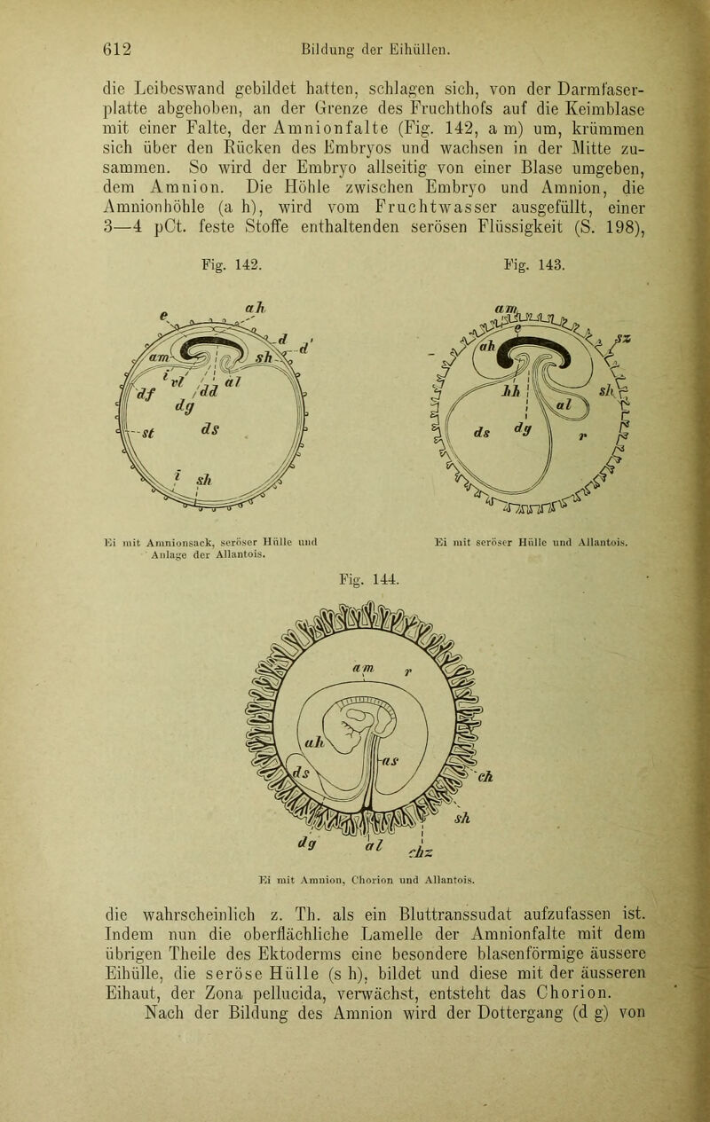 die Leibeswand gebildet hatten, schlagen sich, von der Darmfaser- platte abgehoben, an der Grenze des Fruchthofs auf die Keimblase mit einer Falte, der Amnionfalte (Fig. 142, am) um, krümmen sich über den Rücken des Embryos und wachsen in der Mitte zu- sammen. So wild der Embryo allseitig von einer Blase umgeben, dem Amnion. Die Höhle zwischen Embryo und Amnion, die Amnionhöhle (a h), wird vom Fruchtwasser ausgefüllt, einer 3—4 pCt. feste Stoffe enthaltenden serösen Flüssigkeit (S. 198), Fig. 142. Ei mit Amnionsack, seröser Hülle und Anlage der Allantois. Fig. 143. Fig. 144. Ei mit Amnion, Chorion und Allantois. die wahrscheinlich z. Th. als ein Bluttranssudat aufzufassen ist. Indem nun die oberflächliche Lamelle der Amnionfalte mit dem übrigen Theile des Ektoderms eine besondere blasenförmige äussere Eihülle, die seröse Hülle (sh), bildet und diese mit der äusseren Eihaut, der Zona pellucida, verwächst, entsteht das Chorion. Nach der Bildung des Amnion wird der Dottergang (d g) von