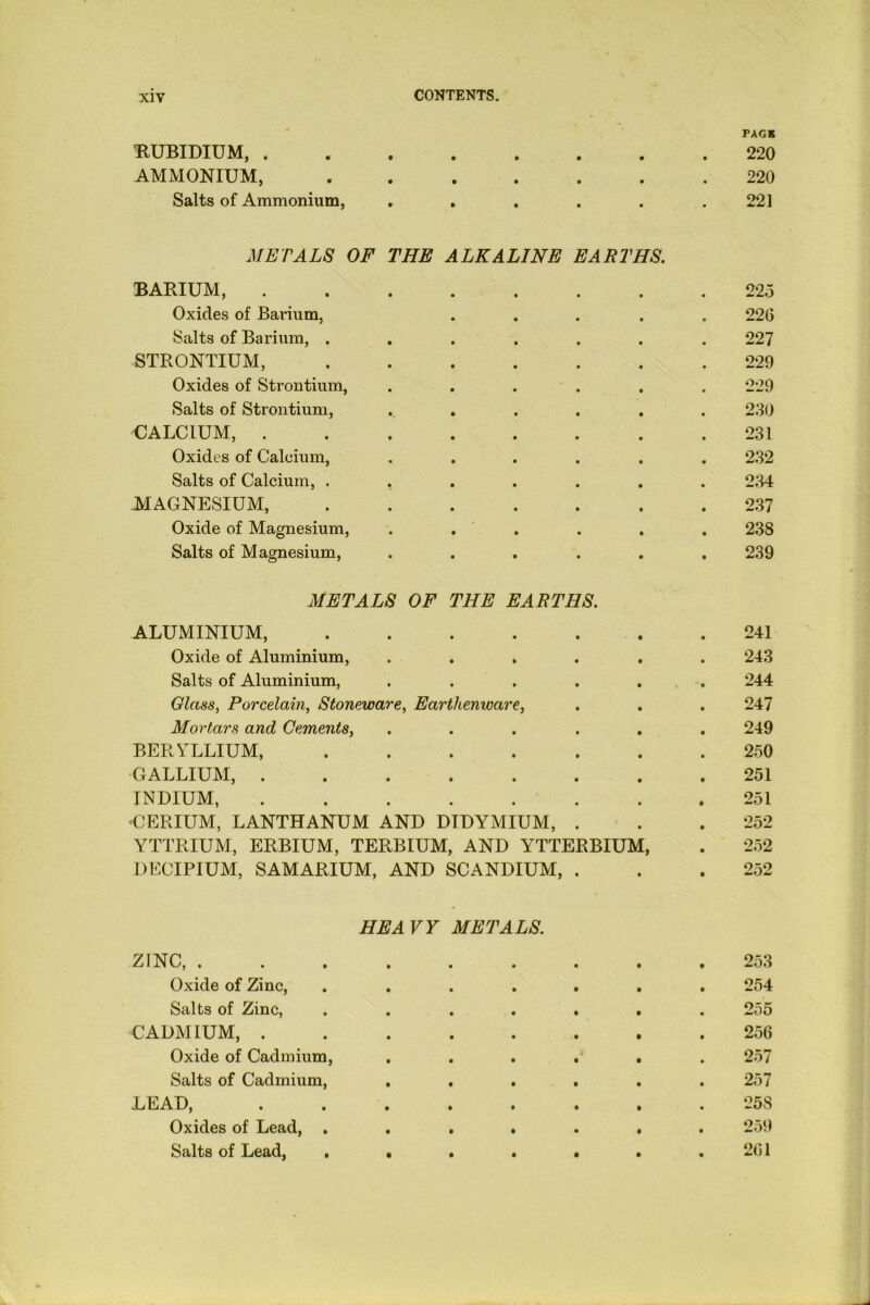 RUBIDIUM, . • • • • PACK 220 AMMONIUM, • • • • 220 Salts of Ammonium, . • • • • 221 METALS OF THE ALKALINE EARTHS. BARIUM, 225 Oxides of Barium, 226 Salts of Barium, . 227 STRONTIUM, 229 Oxides of Strontium, 229 Salts of Strontium, 230 CALCIUM, . 231 Oxides of Calcium, 232 Salts of Calcium, . , 234 MAGNESIUM, 237 Oxide of Magnesium, 238 Salts of Magnesium, 239 METALS OF THE EARTHS. ALUMINIUM, • • 241 Oxide of Aluminium, • • 243 Salts of Aluminium, • • 244 Glass, Porcelain, Stoneware, Earthenware, 247 Mortars and Cements, • • 249 BERYLLIUM, • • 250 GALLIUM, . • • 251 INDIUM, • • 251 CERIUM, LANTHANUM AND DIDYMIUM, 252 YTTRIUM, ERBIUM, TERBIUM, AND YTTERBIUM, 252 DECIPIUM, SAMARIUM, AND SCANDIUM, • • 252 HEAVY METALS. ZINC, .... • • 253 Oxide of Zinc, • • 254 Salts of Zinc, • • 255 CADMIUM, . • • 256 Oxide of Cadmium, • • 257 Salts of Cadmium, • • 257 LEAD, • • 258 Oxides of Lead, . • • 259 Salts of Lead, . • • • 261