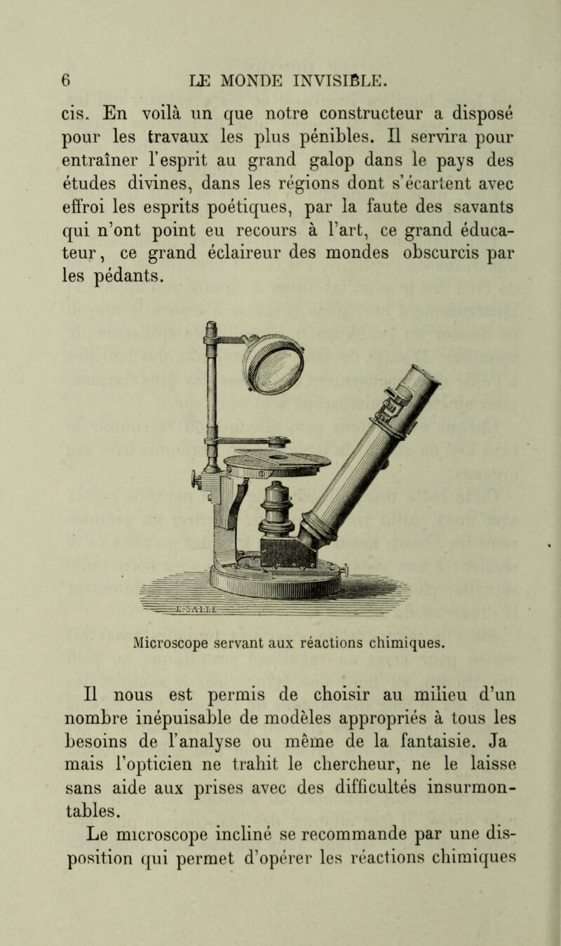 cis. En voilà un que notre constructeur a disposé pour les travaux les plus pénibles. Il servira pour entraîner l’esprit au grand galop dans le pays des études divines, dans les régions dont s’écartent avec effroi les esprits poétiques, par la faute des savants qui n’ont point eu recours à l’art, ce grand éduca- teur , ce grand éclaireur des mondes obscurcis par les pédants. Microscope servant aux réactions chimiques. Il nous est permis de choisir au milieu d’un nombre inépuisable de modèles appropriés à tous les besoins de l’analyse ou même de la fantaisie. Ja mais l’opticien ne trahit le chercheur, ne le laisse sans aide aux prises avec des difficultés insurmon- tables. Le microscope incliné se recommande par une dis- position qui permet d’opérer les réactions chimiques