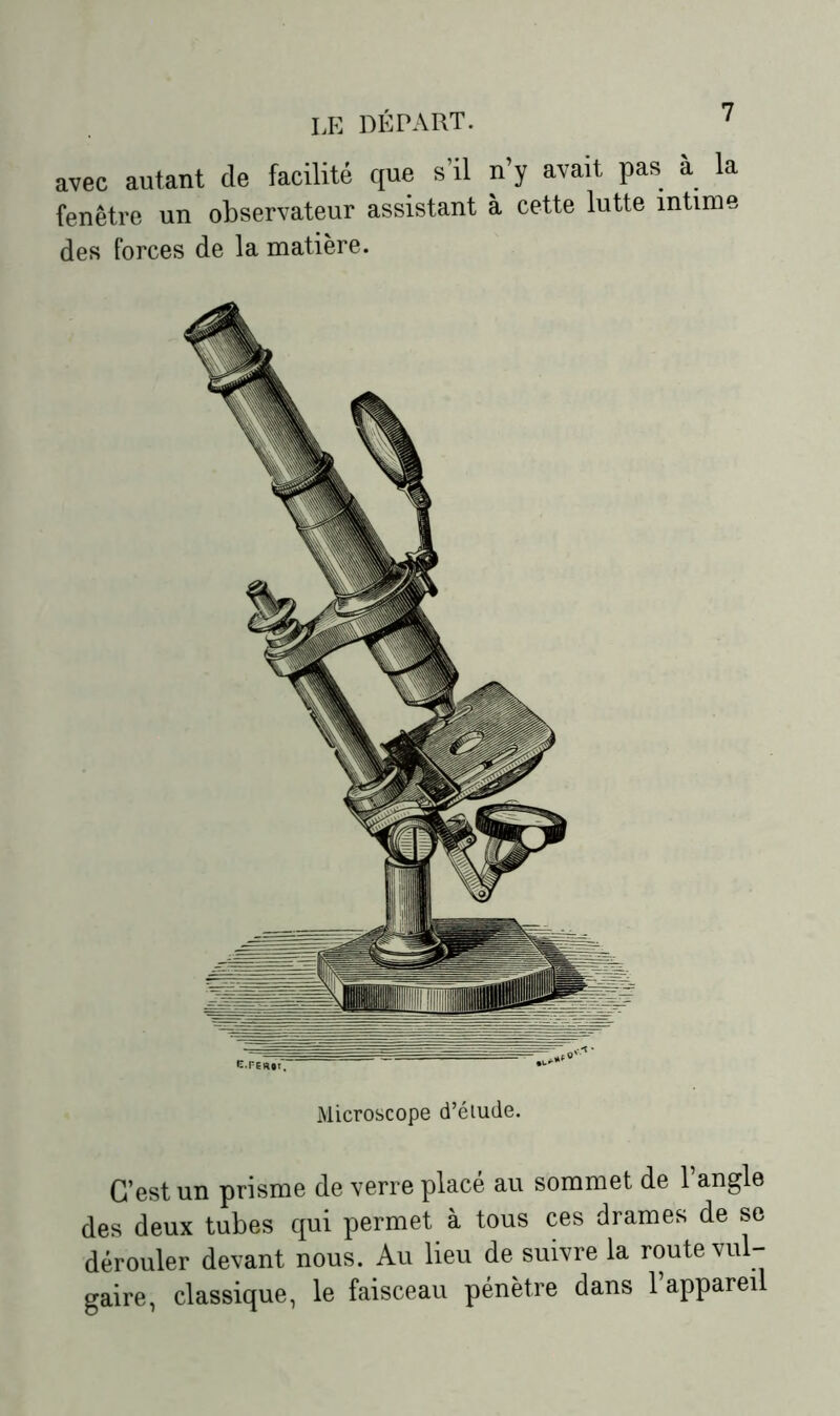 avec autant de facilité que s’il n’y avait pas a la fenêtre un observateur assistant à cette lutte intime des forces de la matière. Microscope d’étude. C’est un prisme de verre placé au sommet de l’angle des deux tubes qui permet à tous ces drames de sc dérouler devant nous. Au lieu de suivre la route vul- gaire, classique, le faisceau pénètre dans 1 apparei