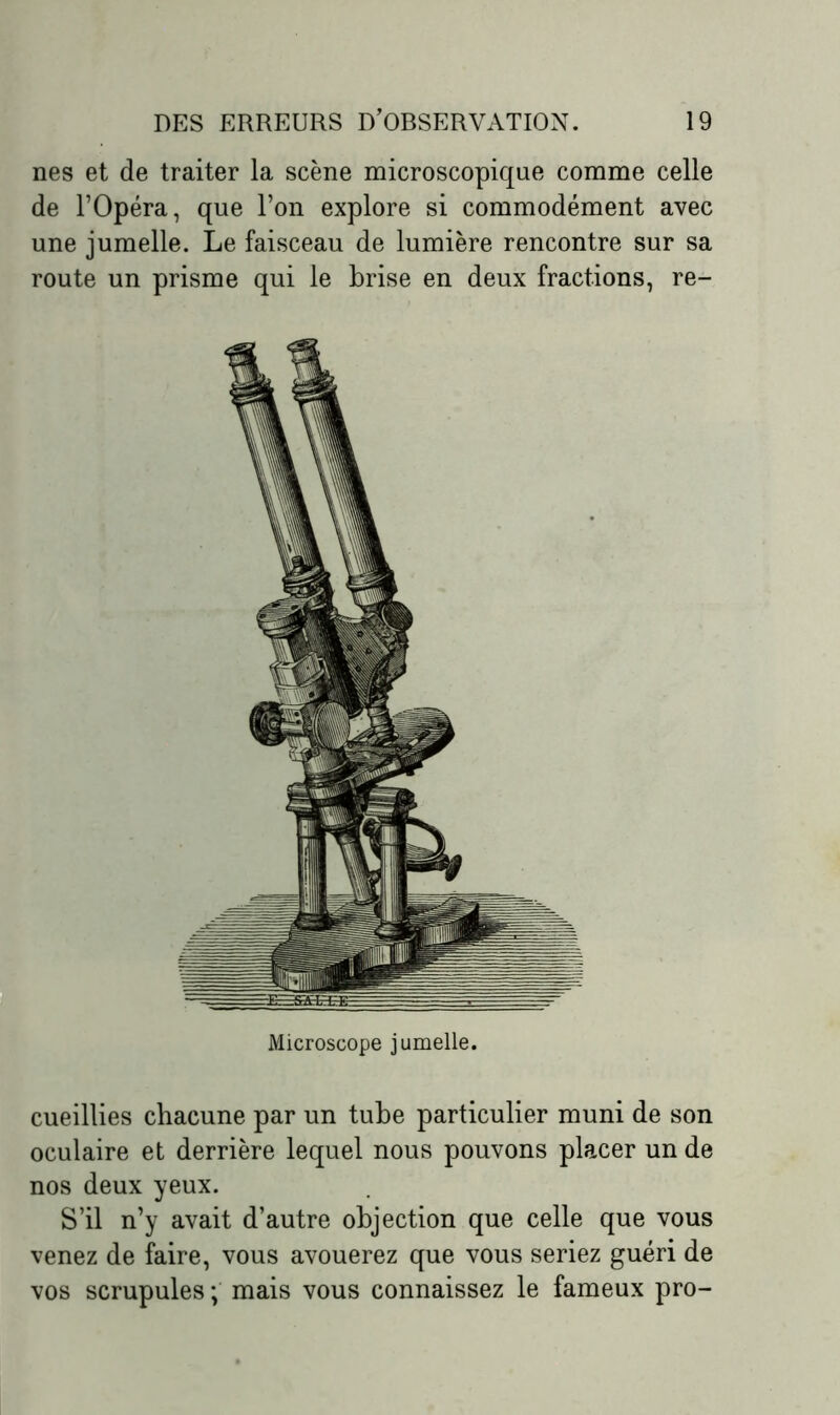 nés et de traiter la scène microscopique comme celle de l’Opéra, que l’on explore si commodément avec une jumelle. Le faisceau de lumière rencontre sur sa route un prisme qui le brise en deux fractions, re- Microscope jumelle. cueillies chacune par un tube particulier muni de son oculaire et derrière lequel nous pouvons placer un de nos deux yeux. S’il n’y avait d’autre objection que celle que vous venez de faire, vous avouerez que vous seriez guéri de vos scrupules ; mais vous connaissez le fameux pro-