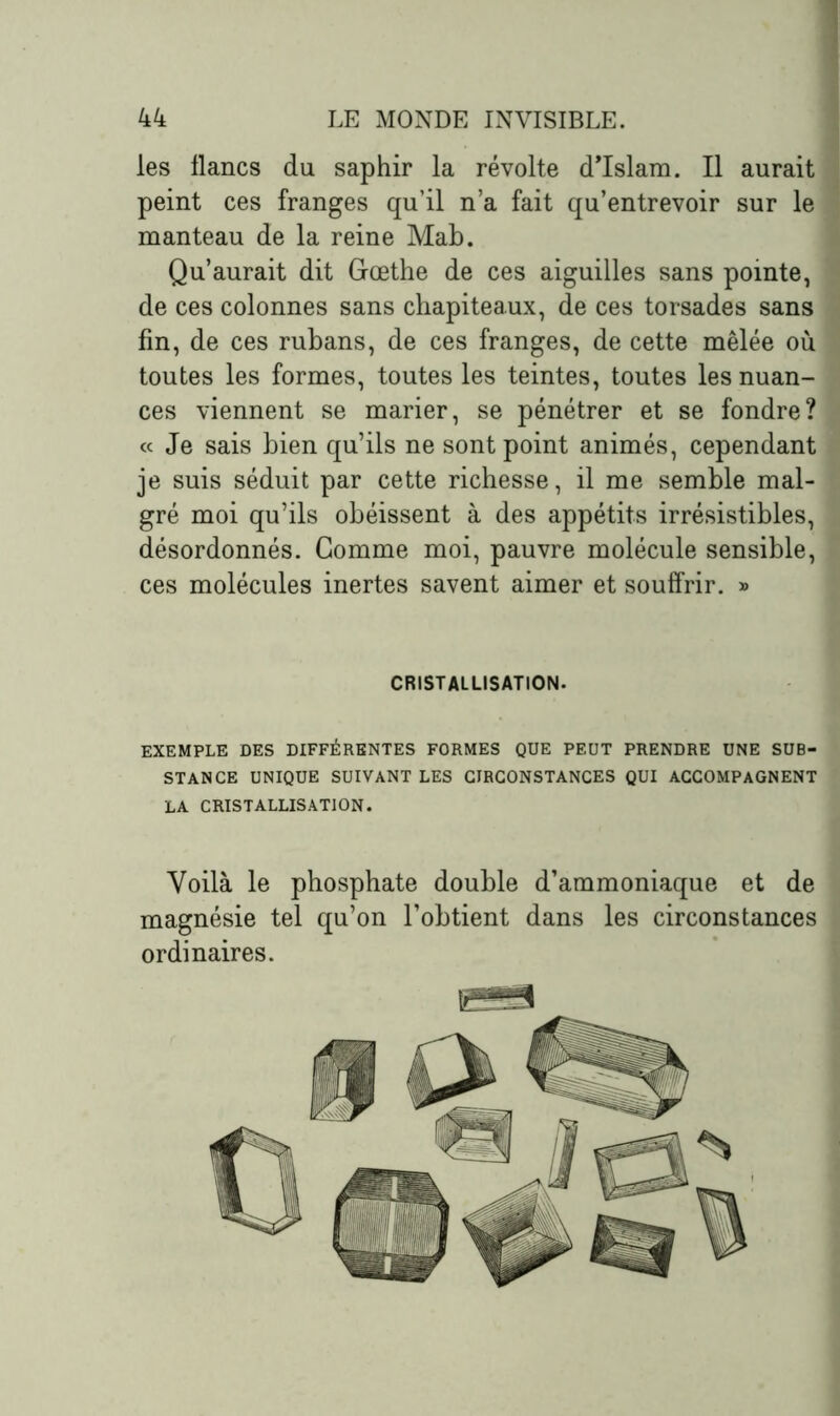 les flancs du saphir la révolte d’Islam. Il aurait peint ces franges qu’il n’a fait qu’entrevoir sur le manteau de la reine Mab. Qu’aurait dit Goethe de ces aiguilles sans pointe, de ces colonnes sans chapiteaux, de ces torsades sans fin, de ces rubans, de ces franges, de cette mêlée où toutes les formes, toutes les teintes, toutes les nuan- ces viennent se marier, se pénétrer et se fondre? « Je sais bien qu’ils ne sont point animés, cependant je suis séduit par cette richesse, il me semble mal- gré moi qu’ils obéissent à des appétits irrésistibles, désordonnés. Gomme moi, pauvre molécule sensible, ces molécules inertes savent aimer et souffrir. » CRISTALLISATION. EXEMPLE DES DIFFÉRENTES FORMES QUE PEUT PRENDRE UNE SUB- STANCE UNIQUE SUIVANT LES CIRCONSTANCES QUI ACCOMPAGNENT LA CRISTALLISATION. Voilà le phosphate double d’ammoniaque et de magnésie tel qu’on l’obtient dans les circonstances ordinaires.