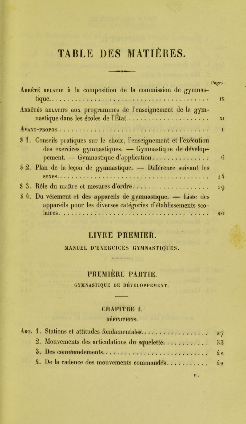 TABLE DES MATIÈRES. Pages. Arreté relatif à la composition de la coimiiission de gymnas- tique IX Arretés relatifs aux programmes de l’enseignement de la gym- nastique dans les écoles de l’Ktat xi Avant-propos i § 1. Conseils pratiques sur le choix, l’enseignement et l’e^técution des exercices gymnastiques. — Gymnastique de dévelop- pement. — Gymnastique d’application h S Plan de la leçon de gymnastique. — Différence suivant les sexes ik § 3. Rôle du maître et mesm'es d’ordre 19 S Du vêlement et des appareils de gymnastique. — Liste des appareils pour les diverses catégories d’établissements sco- laires QÜ LIVRE PREMIER. MAiXUEL D’EXERCICES GYMNASTIQUES. PREMIÈRE PARTIE. GYMNASTIQUE ÜE DEVELOPPEMENT. CHAPITRE f. DÉFINITtONS. Art. 1. Stations et attitudes fondamentales. 9y 2. Mouvements des articulations du squelette 33 3. Des commandements 42 4. De la cadence des mouvements commandés. 4a I! .