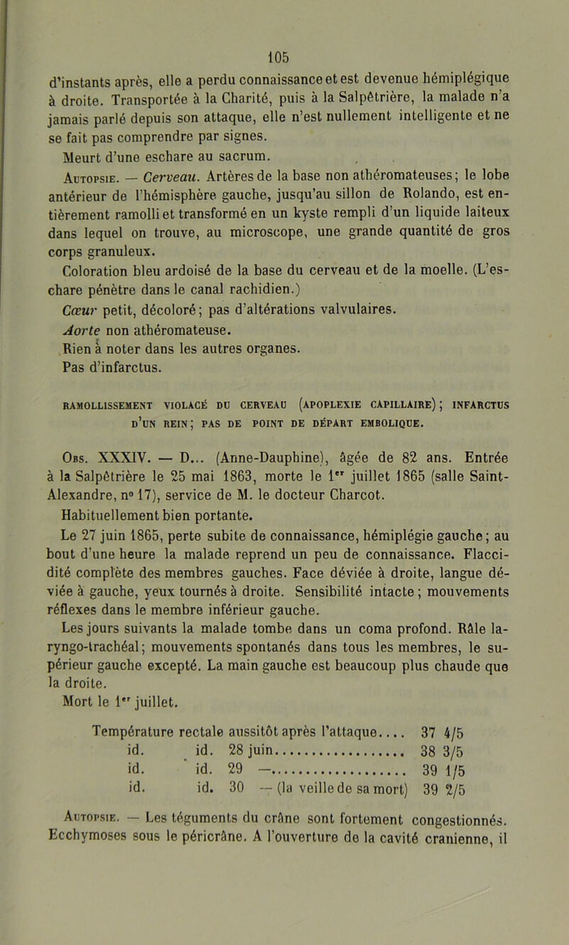 d’instants après, elle a perdu connaissance et est devenue hémiplégique à droite. Transportée à la Charité, puis à la Salpêtrière, la malade n’a jamais parlé depuis son attaque, elle n’est nullement intelligente et ne se fait pas comprendre par signes. Meurt d’une eschare au sacrum. Autopsie. — Cerveau. Artères de la base non athéromateuses; le lobe antérieur de l’hémisphère gauche, jusqu’au sillon de Rolando, est en- tièrement ramolli et transformé en un kyste rempli d’un liquide laiteux dans lequel on trouve, au microscope, une grande quantité de gros corps granuleux. Coloration bleu ardoisé de la base du cerveau et de la moelle. (L’es- chare pénètre dans le canal rachidien.) Cœur petit, décoloré; pas d’altérations valvulaires. Aorte non athéromateuse. Rien à noter dans les autres organes. Pas d’infarctus. RAMOLLISSEMENT VIOLACÉ DU CERVEAU (APOPLEXIE CAPILLAIRE) ; INFARCTUS d’un rein; pas de point de départ EMBOLIQUE. Obs. XXXIV. — D... (Anne-Dauphine), âgée de 82 ans. Entrée à la Salpêtrière le 25 mai 1863, morte le 1 juillet 1865 (salle Saint- Alexandre, n° 17), service de M. le docteur Charcot. Habituellement bien portante. Le 27 juin 1865, perte subite de connaissance, hémiplégie gauche; au bout d’une heure la malade reprend un peu de connaissance. Flacci- dité complète des membres gauches. Face déviée à droite, langue dé- viée à gauche, yeux tournés à droite. Sensibilité intacte ; mouvements réflexes dans le membre inférieur gauche. Les jours suivants la malade tombe dans un coma profond. Râle la- ryngo-trachéal ; mouvements spontanés dans tous les membres, le su- périeur gauche excepté. La main gauche est beaucoup plus chaude que la droite. Mort le 1 juillet. Température rectale aussitôt après l’attaque.... 37 4/5 id. id. 28 juin 38 3/5 id. id. 29 — 39 1/5 id. id. 30 — (la veille de sa mort) 39 2/5 Autopsie. — Les téguments du crâne sont fortement congestionnés. Ecchymoses sous le péricrâne. A l’ouverture de la cavité crânienne, il
