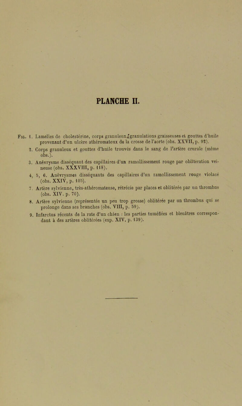 Fig. I. Lamelles de cholestérine, corps granuleux,[granulations graisseuses et gouttes d'huilp provenant d’un ulcère athéromateux de la crosse de l’aorte (obs. XXVII, p. 92). 2. Corps granuleux et gouttes d’huile trouvés dans le sang de l’artère crurale (même obs.). 3. Anévrysme disséquant des capillaires d’un ramollissement rouge par oblitération vei- neuse (obs. XXXVIII, p. 118). 4. 5, 6. Anévrysmes disséquants des capillaires d’un ramollissement rouge violacé (obs. XXIV, p. 105). 7. Artère sylvienne, très-athéromateuse, rétrécie par places et oblitérée par un thrombns (obs. XIV. p. 70). 8. Artère sylvienne (représentée un peu trop grosse) oblitérée par un thrombus qui se prolonge dans ses branches (obs. VIII, p. 59). 9. Infarctus récents de la rate d’un chien • les parties tuméfiées et bleuâtres correspon- dant à des artères oblitérées (exp. XIV, p. 139).