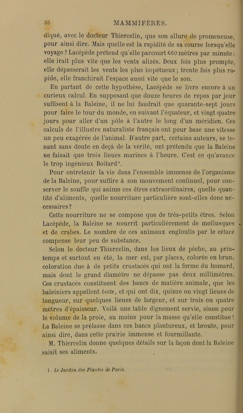 diqué, avec le docteur Thiercelin, que son allure de promeneuse, pour ainsi dire. Mais quelle est la rapidité de sa course lorsqu’elle voyage ? Lacépède prétend qu’elle parcourt 660 mètres par minute : elle irait plus vite que les vents alizés. Deux fois plus prompte, elle dépasserait les vents les plus impétueux ; trente fois plus ra- pide, elle franchirait l’espace aussi vite que le son. En partant de cette hypothèse, Lacépède se livre encore à un curieux calcul. En suj)posant que douze heures de repos par jour suffisent à la Baleine, il ne lui faudrait que quarante-sept jours pour faire le tour du monde, en suivant l’équateur, et vingt quatre jours pour aller d’un pôle à l’autre le long d’un méridien. Ces calculs de l’illustre naturaliste français ont pour base une vitesse un peu exagérée de l’animal. D’autre part, certains auteurs, se te- nant sans doute en deçà de la vérité, ont prétendu que la Baleine ne faisait que trois lieues marines à l’heure. C’est ce qu’avance le trop ingénieux Boitard L Pour entretenir la vie dans l’ensemble immense de l’organisme de la Baleine, pour suffire à son mouvement continuel, pour con- server le souffle qui anime ces êtres extraordinaires, quelle quan- tité d’aliments, quelle nourriture particulière sont-elles donc né- cessaires ? Cette nourriture ne se compose que de très-petits êtres. Selon Lacépède, la Baleine se nourrit particulièrement de mollusques . et de crabes. Le nombre de ces animaux engloutis par le cétacé compense leur peu de substance. Selon le docteur Thiercelin, dans les lieux de pêche, au prin- temps et surtout en été, la mer est, par places, colorée en brun, coloration due à de petits crustacés qui ont la forme du homard, mais dont le grand diamètre ne dépasse pas deux millimètres. Ces crustacés constituent des bancs de matière animale, que les baleiniers appellent bo'éte, et qui ont dix, quinze ou vingt lieues de longueur, sur quelques lieues de largeur, et sur trois ou quatre f! mètres d’épaisseur. Voilà une table dignement servie, sinon pour le volume de la proie, au moins pour la masse qu’elle constitue ! î La Baleine se prélasse dans ces bancs plantureux, et broute, pour ‘ ainsi dire, dans cette prairie immense et fourmillante. M. Thiercelin donne quelques détails sur la façon dont la Baleine saisit ses aliments. I i I. Le Jardin des Plantes de Paris. ■ !