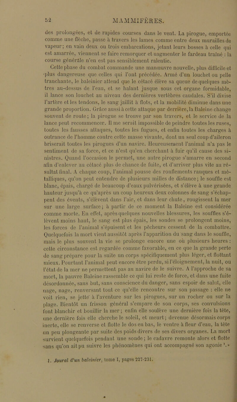 des prolongées, et de rapides courses dans le vent. La pirogue, emportée comme une flèche, passe à travers les lames comme entre deux murailles de vapeur; en vain deux ou trois embarcations, jetant leurs bosses à celle qui est amarrée, viennent se faire remorquer et uagmenter le fardeau traîné : la course générale n’en est pas sensiblement ralentie. Cette phase du combat commande une manœuvre nouvelle, plus difficile et •plus dangereuse que celles qui l’ont précédée. Armé d’un louchet ou pelle tranchante, le baleinier attend que le cétacé élève sa queue de quelques mè- tres au-dessus de l’eau, et se halant jusque sous cet organe formidable, il lance son louchet au niveau des dernières vertèbres caudales. S’il divise l’artère et les tendons, le sang jaillit à flots, et la mobilité diminue dans une grande proportion. Grâce aussi â cette attaque par derrière, la Baleine change souvent de route ; la pirogue se trouve par son travers, et le service de la lance peut recommencer. Il me serait impossible de peindre toutes les ruses, toutes les fausses attaques, toutes les fugues, et enfin toutes les charges h outrance de l’homme contre cette masse vivante, dont un seul coup d’aileron briserait toutes les pirogues d’un navire. Heureusement l’animal n’a pas le sentiment de sa force, et ce n’est qu’en cherchant à fuir qu’il cause des si- nistres. Quand l’occasion le permet, une autre pirogue s’amarre en second afin d’enlever au cétacé plus de chance de fuite, et d’arriver plus vite au ré- sultat final. A chaque coup, l’animal pousse des ronflements rauques et mé- talliques, qu’on peut entendre de plusieurs milles de distance; le souffle est blanc, épais, chargé de beaucoup d’eaux pulvérisées, et s’élève à une grande hauteur jusqu’à ce qu’après un coup heureux deux colonnes de sang s’échap- pent des évents, s’élèvent dans l’air, et dans leur chute, rougissent la mer sur une large surface ; à partir de ce moment la Baleine est considérée comme morte. En effet, après quelques nouvelles blessures, les souffles s’é- lèvent moins haut, le sang est plus épais, les sondes se prolongent moins, les forces de l’animal s’épuisent et les pêcheurs cessent de la combattre. Quelquefois la mort vient aussitôt après l’apparition du sang dans le souffle, mais le plus souvent la vie se prolonge encore une oii plusieurs heures : cette circonstance est regardée comme favorable, en ce que la grande perte de sang prépare pour la suite un corps spécifiquement plus léger, et flottant mieux. Pourtant l’animal peut encore être perdu, si l’éloignement, la nuit, ou l’état de la mer ne permettent pas au navire de le suivre. A l’approche de sa mort, la pauvre Baleine rassemble ce qui lui reste de force, et dans une fuite désordonnée, sans but, sans conscience du danger, sans espoir de salut, elle nage, nage, renversant tout ce qu’elle rencontre sur son passage : elle ne voit rien, se jette à l’aventure sur les pirogues, sur un rocher ou sur la [)lage. Bientôt un frisson général s’empare de son corps, ses convulsions font blanchir et bouillir la mer; enfin elle soulève une dernière fois la tête, une dernière fois elle cherche le soleil, et meurt; devenue désormais corps inerte, elle se renverse et flotte le dos en bas, le ventre à fleur d’eau, la tête un peu plongeante par suite des poids divers de scs divers organes. La mort survient (pielqucfois pendant une sonde; le cadavre remonte alors et flotte sans qu’on ait pu suivre les phénomènes qui ont accompagné son agonie I. Joural d’un hakinicr, tome I, pages 227-2:11.