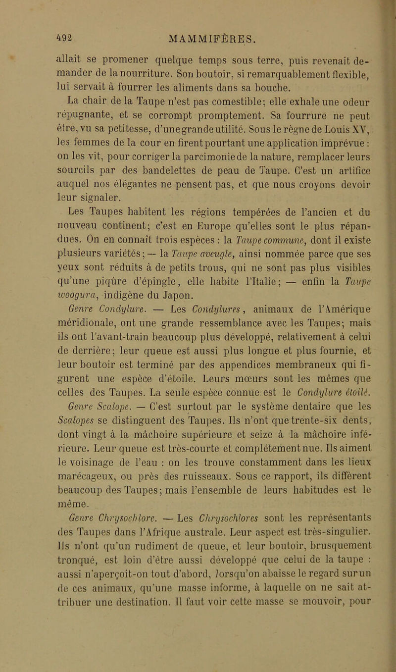 allait se promener quelque temps sous terre, puis revenait de- mander de lanourriture. Son boutoir, si remarquablement flexible, lui servait à fourrer les aliments dans sa bouche. La chair de la Taupe n’est pas comestible; elle exhale une odeur répugnante, et se corrompt promptement. Sa fourrure ne peut être, vu sa petitesse, d’une grande utilité. Sous le règne de Louis XV, les femmes de la cour en firent pourtant une application imprévue : on les vit, pour corriger la parcimonie de la nature, remplacer leurs sourcils par des bandelettes de peau de Taupe. C’est un artifice auquel nos élégantes ne pensent pas, et que nous croyons devoir leur signaler. Les Taupes habitent les régions tempérées de l’ancien et du nouveau continent; c’est en Europe qu’elles sont le plus répan- dues. On en connaît trois espèces : la Taupe commune, dont il existe plusieurs variétés; — la Taupe aveugle, ainsi nommée parce que ses yeux sont réduits à de petits trous, qui ne sont pas plus visibles qu’une piqûre d’épingle, elle habite ITtalie; — enfin la Taupe looogura, indigène du Japon. Genre Condylure. — Les Condylures, animaux de l’Amérique méridionale, ont une grande ressemblance avec les Taupes; mais ils ont l’avant-train beaucoup plus développé, relativement à celui de derrière; leur queue est aussi plus longue et plus fournie, et leur boutoir est terminé par des appendices membraneux qui fi- gurent une espèce d’étoile. Leurs mœurs sont les mêmes que celles des Taupes. La seule espèce connue est le Condylure èloilé. Genre Scalope. — C’est surtout par le système dentaire que les Scalopes se distinguent des Taupes. Ils n’ont que trente-six dents, dont vingt à la mâchoire supérieure et seize à la mâchoire infé- rieure. Leur queue est très-courte et complètement nue. Ils aiment le voisinage de l’eau : on les trouve constamment dans les lieux marécageux, ou près des ruisseaux. Sous ce rapport, ils diffèrent beaucoup des Taupes; mais l’ensemble de leurs habitudes est le même. Genre Chrysochlore. — Les Chrysochlores sont les représentants des Taupes dans l’Afrique australe. Leur aspect est très-singulier. Ils n’ont qu’un rudiment de queue, et leur boutoir, brusquement tronqué, est loin d’étre aussi développé que celui de la taupe : aussi n’aperçoit-on tout d’abord, lorsqu’on abaisse le regard surun de ces animaux, qu’une masse informe, à laquelle on ne sait at- tribuer une destination. 11 faut voir cette masse se mouvoir, pour