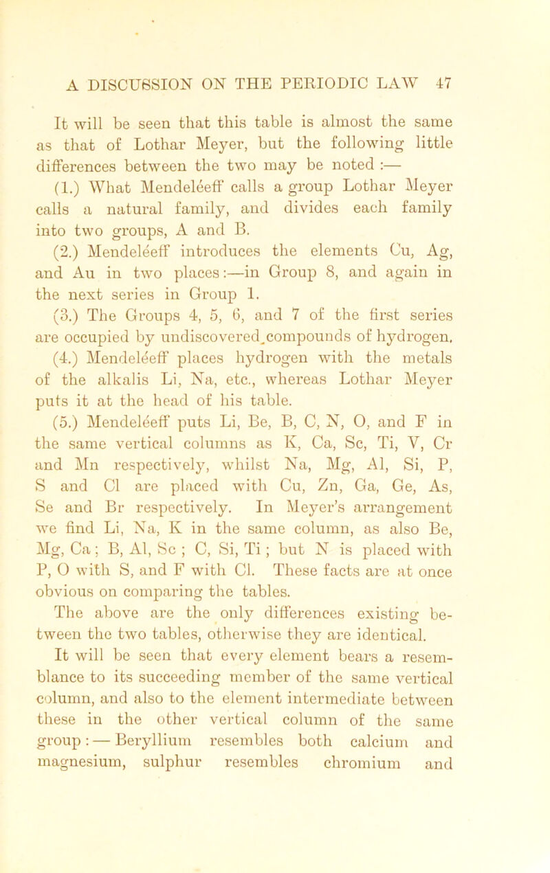 It will be seen that this table is almost the same as that of Lothar Meyer, but the following little differences between the two may be noted :— (1.) What Mendeleeff calls a group Lothar Meyer calls a natural family, and divides each family into two groups, A and B. (2.) Mendeleeff introduces the elements Cu, Ag, and Au in two places:—in Group 8, and again in the next series in Group 1. (3.) The Groups 4, 5, 6, and 7 of the first series are occupied by undiscovered.compounds of hydrogen. (4.) Mendeleeff places hydrogen with the metals of the alkalis Li, Na, etc., whereas Lothar Meyer puts it at the head of his table. (5.) Mendeleeff puts Li, Be, B, C, N, O, and F in the same vertical columns as K, Ca, Sc, Ti, V, Cr and Mn respectively, whilst Na, Mg, Al, Si, P, S and Cl are placed with Cu, Zn, Ga, Ge, As, Se and Br respectively. In Meyer’s arrangement we find Li, Na, K in the same column, as also Be, Mg, Ca; B, Al, Sc ; C, Si, Ti; but N is placed with P, O with S, and F with Cl. These facts are at once obvious on comparing the tables. The above are the only differences existing be- tween the two tables, otherwise they are identical. It will be seen that every element bears a resem- blance to its succeeding member of the same vertical column, and also to the element intermediate between these in the other vertical column of the same group: — Beryllium resembles both calcium and magnesium, sulphur resembles chromium and