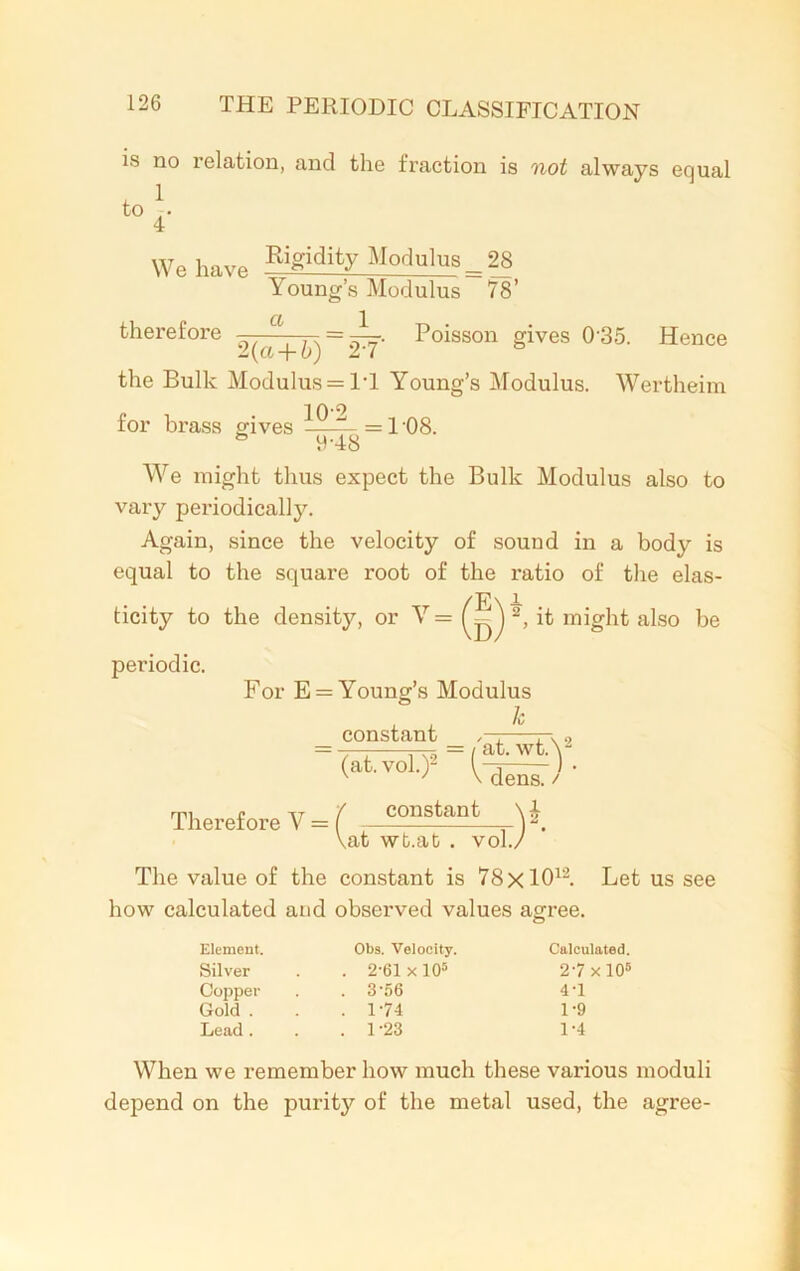 is no relation, and the fraction is not always equal t0 I' We have Riffidity Modulus 28 Young’s Modulus 78’ therefore a Poisson gives 0 35. Hence 2 (a+b) 2-7' the Bulk Modulus = IT Young’s Modulus. Wertheim I A.Q for brass gives —— = 1-08. 0-48 We might thus expect the Bulk Modulus also to vary periodically. Again, since the velocity of sound in a body is equal to the square root of the ratio of the elas- ticity to the density, or V= 2, it might also be periodic. For E = Young’s Modulus constant Therefore Y = constant vat wt.at . vol./ The value of the constant is 78xl012. Let us see how calculated and observed values agree. Element. Silver Copper Gold . Lead . Obs. Velocity. 2- 61 xlO5 3- 56 1-74 1-23 Calculated. 2-7 XlO6 4-1 1-9 1-4 When we remember how much these various moduli depend on the purity of the metal used, the agree-