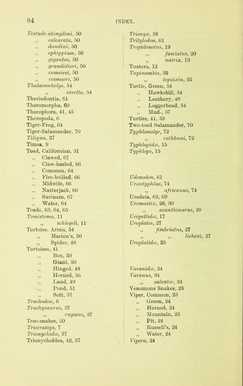 Testudo abingdoni, 50 ,, calcarata, 50 ,, daudini, 50 ,, ephippium, 50 ,, gigantea, 50 ,, grandidieri, 50 ,, sumeirei, 50 „ vosmaeri, 50 Thalassochelys, 54 ,, caretta, 54 Theriodontia, 61 Theromorpha, 60 Thecophora, 41, 45 Theropoda, 6 Tiger-Frog, 64 Tiger-Salamander, 70 Tiliqua, 37 Timsa, 9 Toad, Californian, 31 ,, Clawed, 67 ,, Claw-heeled, 66 ,, Common, 64 ,, Fire-bellied, 66 ,, Midwife, 66 ,, Natterjack, 66 ,, Surinam, 67 ,, Water, 64 Toads, 63, 64, 65 Tomistoma, 11 ,, schlegeli, 11 Tortoise, Arrau, 54 ,, Marion’s, 50 ,, Spider, 48 Tortoises, 41 ,, Box, 50 ,, Giant, 50 ,, Hinged, 48 ,, Horned, 56 ,, Land, 49 ,, Pond, 51 ,, Soft, 57 Trachodon, 6 Trachysaurus, 37 ,, rugosus, 37 Tree-snakes, 20 Triceratops, 7 Trionychidce, 57 Trionychoidea, 42, 57 Trionyx, 58 Tritylodon, 61 Tropidonotus, 19 ,, fasciatus, 20 ,, natrix, 19 Tuatera, 12 Tupinambis, 35 ,, teguixin, 35 Turtle, Green, 54 ,, Hawksbill, 54 ,, Leathery, 48 ,, Loggerhead, 54 „ Mud-, 57 Turtles, 41, 53 Two-toed Salamander, 70 Typhlomolge, 72 ,, rathbuni, 72 Typhlopidce, 15 Typhlops, 15 Udenodon, 61 TJrceotyphlus, 74 ,, africanus, 74 Urodela, 63, 69 TJromastix, 28, 30 ,, acanthinurus, 28 Uropeltidce, 17 Ur opiates, 27 ,, fimbriatus, 27 ,, ,, licheni, 2 Uroplatidce, 25 Varanidce, 34 Varanus, 34 ,, salvator, 34 Yenomons Snakes, 23 Viper, Common, 23 ,, Green, 24 ,, Horned, 24 ,, Mountain, 23 „ Pit, 24 ,, Russell’s, 24 ,, Water, 24 Viper a, 24