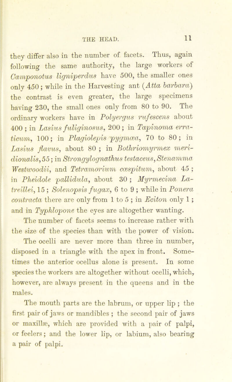 THE HEAD. they differ also in the number of facets. Thus, again following the same authority, the large workers of Gamponotus ligniperdus have 500, the smaller ones only 450; while in the Harvesting ant (Atta Barbara) the contrast is even greater, the large specimens having 230, the small ones only from 80 to 90. The ordinary workers have in Polyergus rufescens about 400 ; in Lasius fuliginosus, 200; in Tapinoma erra- ticum, 100; in Plagiolepis pygmcea, 70 to 80; in Lasius flavus, about 80 ; in Bothriomyrmex meri- diona,lis,55; in Strongylognathus testaceus, Stenamma Westiooodii, and Tetravioriuvi ccespitum, about 45 ; in Pheidole pallidula, about 30 ; Myrmecina La- treillei, 15 ; Solenopsis fugax, 6 to 9 ; while in Ponera contracta there are only from 1 to 5 ; in Eciton only 1; and in Typhlopone the eyes are altogether wanting. The number of facets seems to increase rather with the size of the species than with the power of vision. The ocelli are never more than three in number, disposed in a triangle with the apex in front. Some- times the anterior ocellus alone is present. In some species the workers are altogether without ocelli, which, however, are always present in the queens and in the males. The mouth parts are the labrum, or upper lip ; the first pair of jaws or mandibles ; the second pair of jaws or maxillae, which are provided with a pair of palpi, or feelers; and the lower lip, or labium, also bearing a pair of palpi.