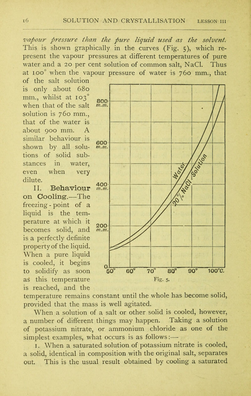 vapour pressure than the pure liquid used as the solvent. This is shown graphically in the curves (Fig. 5), which re- present the vapour pressures at different temperatures of pure water and a 20 per cent solution of common salt, NaCl. Thus at ioo° when the vapour pressure of water is 760 mm., that of the salt solution 800 600 400 200 h Vi / k / i// / /eV 'h is only about 680 mm., whilst at 103° when that of the salt solution is 760 mm., that of the water is about 900 mm. A similar behaviour is shown by all solu- tions of solid sub- stances in water, even when very dilute. II. Behaviour on Cooling.—The freezing - point of a liquid is the tem- perature at which it becomes solid, and is a perfectly definite property of the liquid. When a pure liquid is cooled, it begins to solidify as soon as this temperature is reached, and the temperature remains constant until the whole has become solid, provided that the mass is well agitated. When a solution of a salt or other solid is cooled, however, a number of different things may happen. Taking a solution of potassium nitrate, or ammonium chloride as one of the simplest examples, what occurs is as follows :—- 1. When a saturated solution of potassium nitrate is cooled, a solid, identical in composition with the original salt, separates out. This is the usual result obtained by cooling a saturated 50 60 70 80 Fig. 5. 90° 100°C.