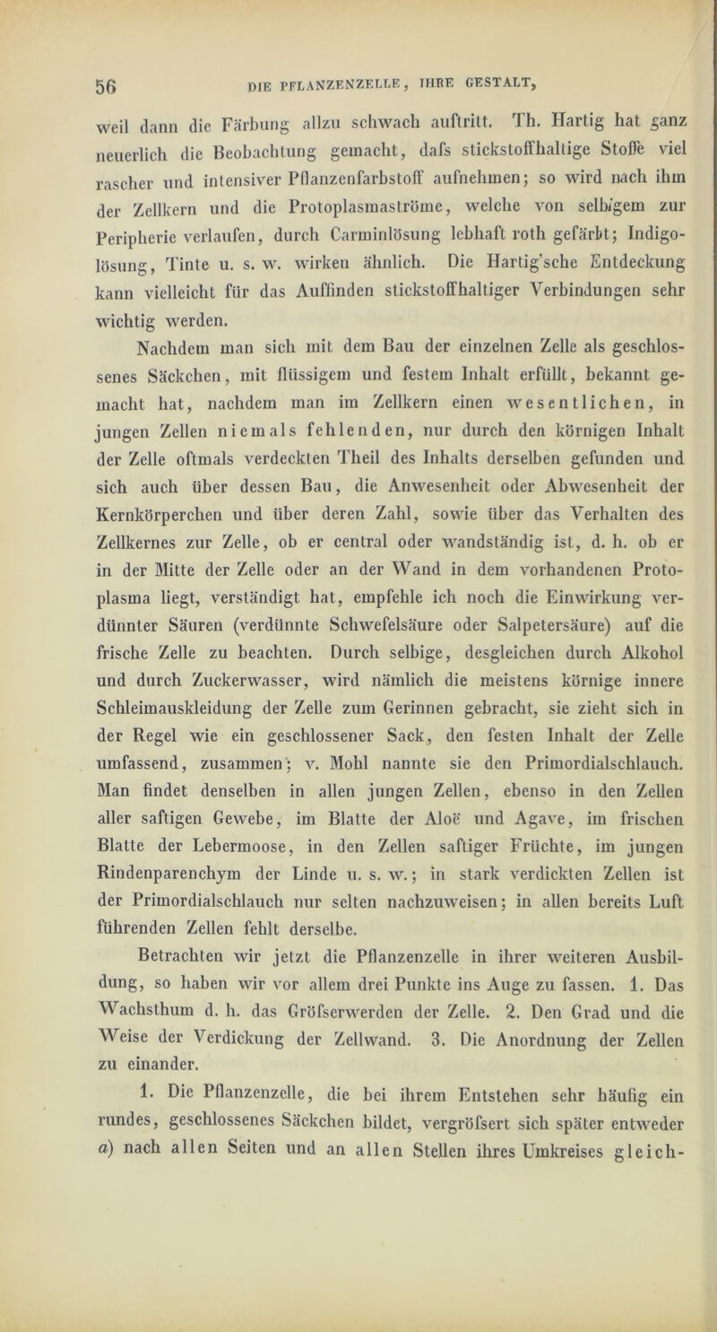 weil dann die Färbung allzu schwach auftritt. Th. Hartig hat ^anz neuerlich die Beobachtung gemacht, dafs stickstoffhaltige Stoffe viel rascher und intensiver Pdanzenfarhstoff aufnehmen; so wird nach ihm der Zellkern und die Protoplasmaströme, welche von selbigem zur Peripherie verlaufen, durch Carminlösung lebhaft roth gefärbt; Indigo- lösung, Tinte u, s. w. wirken ähnlich. Die Hartig’sche Entdeckung kann vielleicht für das Auflinden stickstoffhaltiger Verbindungen sehr wichtig werden. Nachdem man sich mit dem Bau der einzelnen Zelle als geschlos- senes Säckchen, mit flüssigem und festem Inhalt erfüllt, bekannt ge- macht hat, nachdem man im Zellkern einen wesentlichen, in jungen Zellen niemals fehlenden, nur durch den körnigen Inhalt der Zelle oftmals verdeckten Theil des Inhalts derselben gefunden und sich auch über dessen Bau, die Anw^esenheit oder Abwesenheit der Kernkörperchen und über deren Zahl, sowie über das Verhalten des Zellkernes zur Zelle, ob er central oder wandständig ist, d. h. ob er in der Mitte der Zelle oder an der Wand in dem vorhandenen Proto- plasma liegt, verständigt hat, empfehle ich noch die Einwirkung ver- dünnter Säuren (verdünnte Schwefelsäure oder Salpetersäure) auf die frische Zelle zu beachten. Durch selbige, desgleichen durch Alkohol und durch Zuckerwasser, wird nämlich die meistens körnige innere Schleim auskleidun g der Zelle zum Gerinnen gebracht, sie zieht sich in der Regel wie ein geschlossener Sack, den festen Inhalt der Zelle umfassend, zusammen; v. Mohl nannte sie den Primordialschlauch. Man findet denselben in allen jungen Zellen, ebenso in den Zellen aller saftigen Gewebe, im Blatte der Aloe und Agave, im frischen Blatte der Lebermoose, in den Zellen saftiger Früchte, im jungen Rindenparenchym der Linde u. s. w.; in stark verdickten Zellen ist der Primordialschlauch nur selten nachzuweisen; in allen bereits Luft führenden Zellen fehlt derselbe. Betrachten wir jetzt die Pflanzenzelle in ihrer weiteren Ausbil- dung, so haben wir vor allem drei Punkte ins Auge zu fassen. 1. Das Wachsthum d. h. das Gröfserwerden der Zelle. 2. Den Grad und die Weise der Verdickung der Zellwand. 3. Die Anordnung der Zellen zu einander. 1. Die Pflanzenzelle, die hei ihrem Entstehen sehr häufig ein rundes, geschlossenes Säckchen bildet, vergröfsert sich später entweder a) nach allen Seiten und an allen Stellen ihres Umkreises gleich-