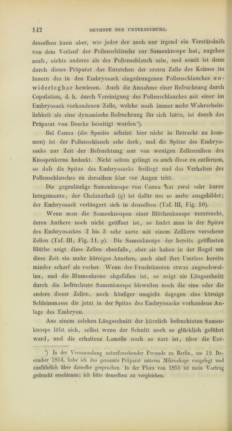 desselben kann aber, \Ade jeder der auch nur irgend ein Verständnifs von dem Verlauf der Pollenscliläuche zur Samenknospe hat, zugeben mufs, nichts anderes als der Pollenschlauch sein, und somit ist denn durch dieses Präparat das Entstehen der ersten Zelle des Keimes im Innern des in den Embrjosack eingedrungenen Pollenschlauches un- widerlegbar bewiesen. Auch die Annahme einer Befruchtung durch Copulation, d. h. durch Vereinigung des Pollenschlauches mit einer im Embryosack vorhandenen Zelle, welche noch immer mehr Wahrschein- lichkeit als eine dynamische Befruchtung für sich hätte, ist durch das Präparat Amn Deecke beseitigt Avorden). Bei Canna (die Species scheint hier nicht in Betracht zu kom- men) ist der Pollenschlauch sehr derb, und die Spitze des Embryo- sacks zur Zeit der Befruchtung nur Amn wenigen Zellenreihen des Knospenkerns bedeckt. Nicht selten gelingt es auch diese zu entfernen, so dafs die Spitze des Embryosacks freiliegt und das Verhalten des Pollenschlauches zu derselben klar A'or Augen tritt. Die gegenläufige Samenknospe von Canna liat ZAvei sehr kurze Integumente, der Chalazatheil (q) ist dafür um so mehr ausgebildet; der Embryosack A^erlängert sich in denselben (Taf. III, Fig. 10). Wenn man die Samenknospen einer BliUhenknospe untersucht, deren Anthere noch nicht geöffnet ist, so findet man in der Spitze des Embryosackes 2 bis 3 sehr zarte mit einem Zellkern versehene Zellen (Taf. III, Fig. 11. y). Die Samenknospe der bereits geöffneten Blüthe zeigt diese Zelten ebenfalls, aber sie haben in der Regel um diese Zeit ein mehr körniges Ansehen, auch sind ihre Umrisse bereits minder scharf als vorher. Wenn der Fruchtknoten etAA’’as angeschAVol- len, und die Bhunenkrone abgefallen ist, so zeigt ein Längsschnitt durch die befruchtete Samenknospe bisAveilen noch die eine oder die andere dieser Zellen, noch häufiger uingiebt dagegen eine körnige Schleimmasse die jetzt in der Spitze des Embryosacks A^orhandene An- lage des Embryon. Aus einem solchen Längsschnitt der kürzlich befruchteten Samen- knospe läfst sich, selbst Avenn der Schnitt noch so glücklich geführt ward, und die erhaltene Lamelle noch so zart ist, über die Ent- *) In der Versammlung naturforscliender Freunde zu Berlin, am 19. De- eember 1854, habe ich das genannte Präparat unterm Mikroskope vorgelegt und ausführlich über dasselbe gesprochen. In der Flora Amn 1855 ist mein Vorti’ag gedruckt erschienen; ich bitte denselben zu vergleichen.
