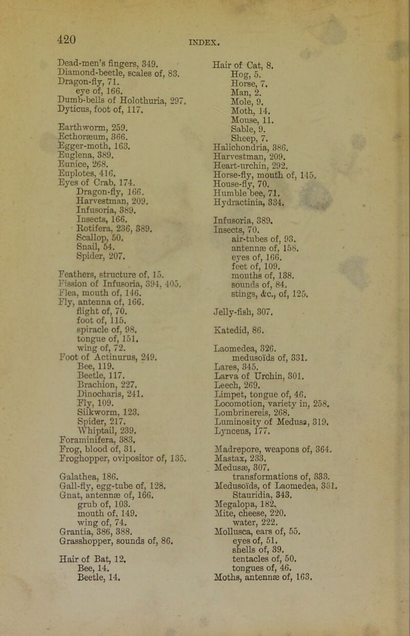 Dead-men’s fingers, 349, Diamond-beetle, scales of, 83. Dragon-fly, 71. eye of, 166. Dumb-bells of Holothuria, 297, Dyticns, foot of, 117. Earthworm, 259. Ecthorseum, 366. Egger-moth, 163. Euglena, 389, Eunice, 268. Euplotes, 416. Eyes of Crab, 174. Dragon-fly, 166. Harvestman, 209, Infusoria, 389. Insects, 166. Rotifera, 236, 389, Scallop, 60. Snail, M. Spider, 207. Feathers, structure of, 15. Fission of Infusoria, 394, 405. Flea, mouth of, 146. Fly, antenna of, 166. flight of, 70. foot of, 115. spiracle of, 98. tongue of, 151, wing of, 72. Foot of Actinurus, 249, Bee, 119. Beetle, 117. Brachion, 227. Dinocharis, 241. Fly, 109. Silkworm, 123, Spider, 217. WhiptaU, 239. Foraminifera, 383, Frog, blood of, 31. Froghopper, ovipositor of, 135. Galathea, 186. Gall-fly, egg-tube of, 128, Gnat, antennse of, 166, grub of, 103. mouth of, 149. wing of, 74. Grantia, 386, 388. Grasshopper, sounds of, 86. Hair of Bat, 12, Bee, 14. Beetle, 14. Hair of Cat, 8. Hog, 5. Horse, 7. Man, 2. Mole, 9. Moth, 14. Mouse, 11. Sable, 9. Sheep, 7. Halichondria, 386. Harvestman, 209. Heart-urchin, 292. Horse-fly, mouth of, 145. House-fly, 70. Humble bee, 71. Hydractinia, 334. Infusoria, 389. Insects, 70. air-tubes of, 93. antennm of, 158. eyes of, 166. feet of, 109, mouths of, 138. sounds of, 84. stings, itc., of, 125. Jelly-fish, 307, Katedid, 86. Laomedea, 326. medusoids of, 331. Lares, 345. Larva of Urchin, 301. Leech, 269, Limpet, tongue of, 46. LocomotioUj variety in, 258. Lombrinereis, 268. Luminosity of Medusa, 319. Lynceus, 177. Madrepore, weapons of, 364. Mastax, 233. Medusae, 307. transformations of, 333. Medusoids, of Laomedea, 331, Stauridia, 343. Megalopa, 182. Mite, cheese, 220. water, 222. MoUuscai, ears of, 55. eyes of, 51. shells of, 39. tentacles of, 60. tongues of, 46. Moths, antennae of, 163.