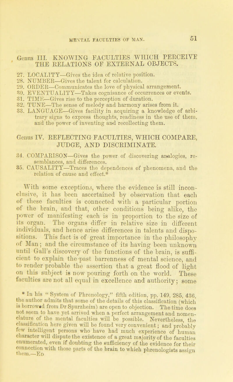 Genus III. KNOWING FACULTIES WHICH PERCEIVE THE RELATIONS OF EXTERNAL OBJECTS. 27. LOCALITY—Gives the idea of relative position. 28. NUMBER—Gives the talent for calculation. 29. ORDER—Communicates the love of physical arrangement. 80. EVENTUALITY—Takes cognisance of occurrences or events. 31. TIMK—Gives rise to the perception of duration. 32. TUNE—The sense of melody and harmony arises from it. 33. LANGUAGE—Gives facility in acquiring a knowledge of arbi- trary signs to express thoughts, readiness in the use of them, and the power of inventing and recollecting them. Genus IV. REFLECTING FACULTIES, WHICH COMPARE, JUDGE, AND DISCRIMINATE. 34. COMPARISON—Gives the power of discovering analogies, re- semblances, and differences. 35. CAUSALITY—Traces the dependences of phenomena, and the relation of cause and effect.* With 6ome exceptions, where the evidence is still incon- clusive, it has been ascertained by observation that each ot these faculties is connected with a particular portion of the brain, and that, other conditions being alike, the power of manifesting each is in proportion to the size of its organ. The organs differ in relative size in different individuals, and hence arise differences in talents and dispo- sitions. This fact is of great importance in the philosophy of Man; and the circumstance of its having been unknown until Gall’s discovery of the functions of the brain, is suffi- cient to explain the -past barrenness of mental science, and to render probable the assertion that a great flood of light on this subject is now pouring forth on the world. These faculties are not all equal in excellence and authority; some * In his “ System of Phrenology,” fifth edition, pp. 149, 285, 436, the author admits that some of the details of this classification (which' is borrowad from Dr Spurzheim) are open to objection. The time doos not seem to have yet arrived when a perfect arrangement and nomen- clature of the mental faculties will be possible. Nevertheless, the classification here given will be found very convenient; and probably few intelligent persons who have had much experience of human character will dispute the existence of a great majority of the faculties enumerated, even if doubting the sufficiency of the evidence for their connection with those parts of the brain to which phrenologists assign