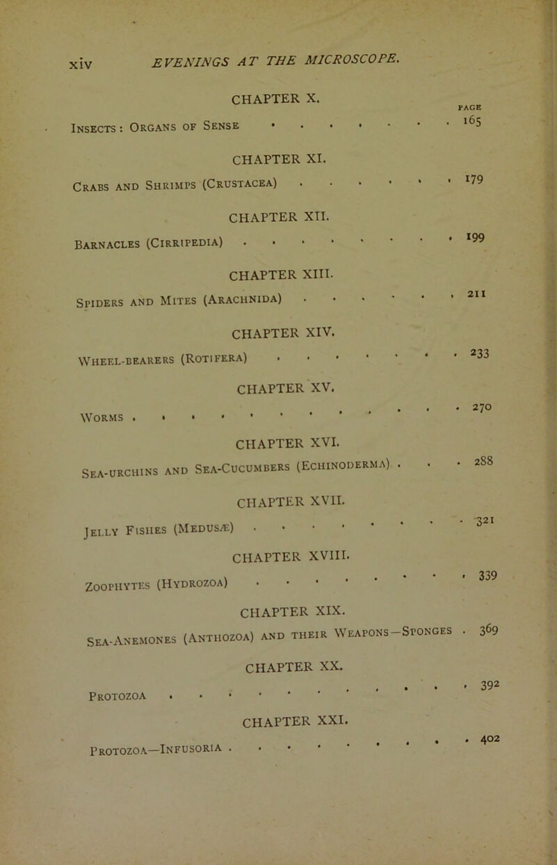 EVENINGS AT THE MICROSCOPE. CHAPTER X. Insects : Organs of Sense • CHAPTER XI. Crabs and Shrimps (Crustacea) CHAPTER XII. Barnacles (Cirripedia) CHAPTER XIII. Spiders and Mites (Arachnida) CHAPTER XIV. Wheel-bearers (Rotifera) Worms . CHAPTER XV. CHAPTER XVI. Sea-urchins and Sea-Cucumbers (Echinoderma) . CHAPTER XVII. jelly Fishes (Medusae) CHAPTER XVIII. Zoophytes (Hydrozoa) CHAPTER XIX. Sea-Anemones (Anthozoa) and their Weapons-Sponges CHAPTER XX. Protozoa . . ■ • CHAPTER XXI. hAGE l6S 179 199 211 ■ 233 . 270 . 2S8 • 321 • 339 • 369 . 392 Protozoa—Infusoria . . 402