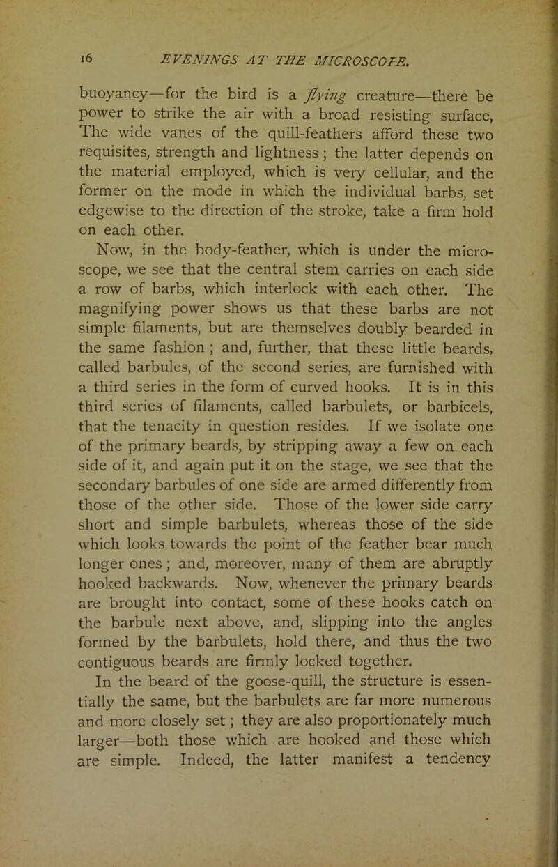 buoyancy—for the bird is a flying creature—there be power to strike the air with a broad resisting surface, The wide vanes of the quill-feathers afford these two requisites, strength and lightness ; the latter depends on the material employed, which is very cellular, and the former on the mode in which the individual barbs, set edgewise to the direction of the stroke, take a firm hold on each other. Now, in the body-feather, which is under the micro- scope, we see that the central stem carries on each side a row of barbs, which interlock with each other. The magnifying power shows us that these barbs are not simple filaments, but are themselves doubly bearded in the same fashion ; and, further, that these little beards, called barbules, of the second series, are furnished with a third series in the form of curved hooks. It is in this third series of filaments, called barbulets, or barbicels, that the tenacity in question resides. If we isolate one of the primary beards, by stripping away a few on each side of it, and again put it on the stage, we see that the secondary barbules of one side are armed differently from those of the other side. Those of the lower side carry short and simple barbulets, whereas those of the side which looks towards the point of the feather bear much longer ones ; and, moreover, many of them are abruptly hooked backwards. Now, whenever the primary beards are brought into contact, some of these hooks catch on the barbule next above, and, slipping into the angles formed by the barbulets, hold there, and thus the two contiguous beards are firmly locked together. In the beard of the goose-quill, the structure is essen- tially the same, but the barbulets are far more numerous and more closely set; they are also proportionately much larger—both those which are hooked and those which are simple. Indeed, the latter manifest a tendency