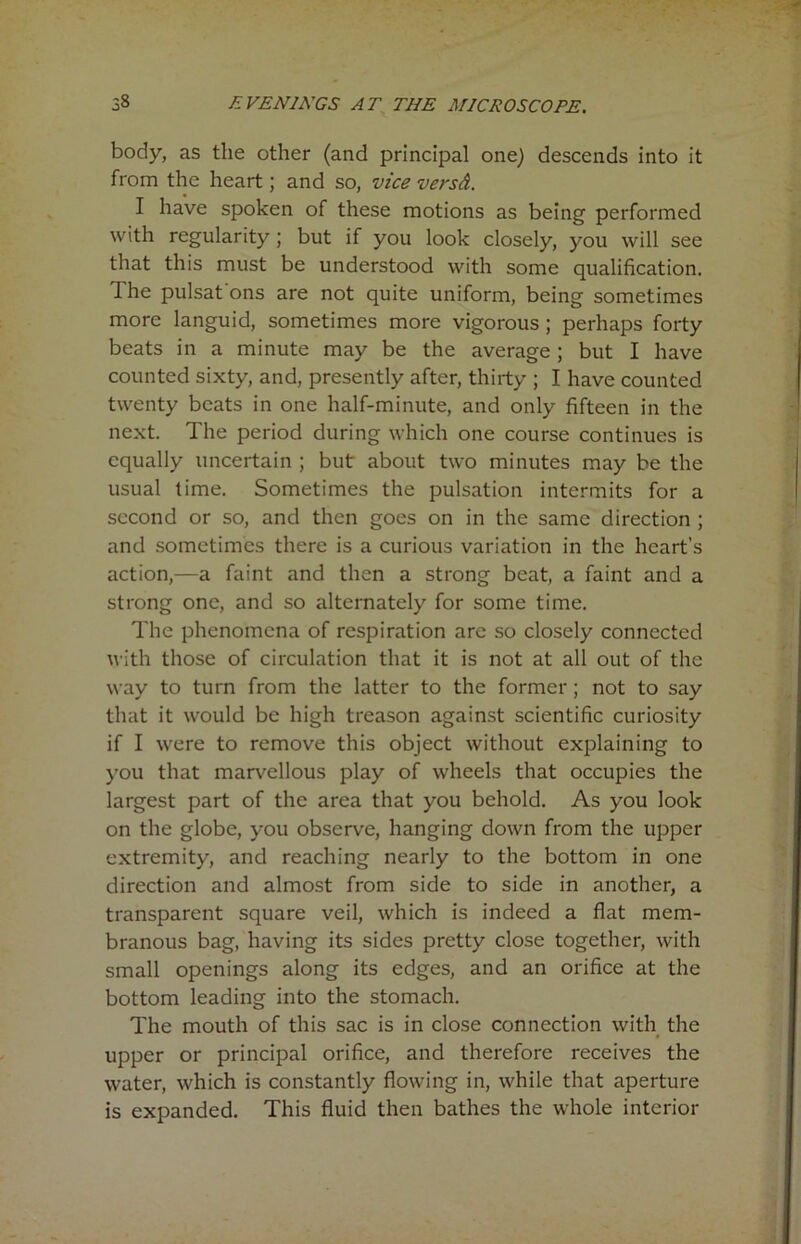 body, as the other (and principal one) descends into it from the heart; and so, vice versd. I have spoken of these motions as being performed with regularity ; but if you look closely, you will see that this must be understood with some qualification. 1 he pulsat ons are not quite uniform, being sometimes more languid, sometimes more vigorous ; perhaps forty beats in a minute may be the average; but I have counted sixty, and, presently after, thirty ; I have counted twenty beats in one half-minute, and only fifteen in the next. The period during which one course continues is equally uncertain ; but about two minutes may be the usual time. Sometimes the pulsation intermits for a second or so, and then goes on in the same direction ; and sometimes there is a curious variation in the heart’s action,—a faint and then a strong beat, a faint and a strong one, and so alternately for some time. The phenomena of respiration are so closely connected with those of circulation that it is not at all out of the way to turn from the latter to the former; not to say that it would be high treason against scientific curiosity if I were to remove this object without explaining to you that marvellous play of wheels that occupies the largest part of the area that you behold. As you look on the globe, you observe, hanging down from the upper extremity, and reaching nearly to the bottom in one direction and almost from side to side in another, a transparent square veil, which is indeed a flat mem- branous bag, having its sides pretty close together, with small openings along its edges, and an orifice at the bottom leading into the stomach. The mouth of this sac is in close connection with the upper or principal orifice, and therefore receives the water, which is constantly flowing in, while that aperture is expanded. This fluid then bathes the whole interior