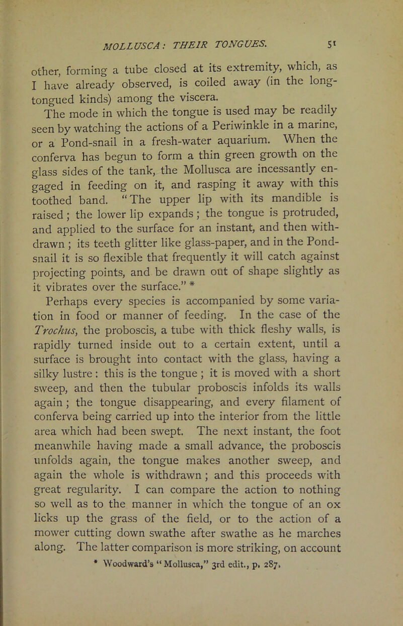 other, forming a tube closed at its extremity, which, as I have already observed, is coiled away (in the long- tongued kinds) among the viscera. The mode in which the tongue is used may be readily seen by watching the actions of a Periwinkle in a marine, or a Pond-snail in a fresh-water aquarium. When the conferva has begun to form a thin green growth on the glass sides of the tank, the Mollusca are incessantly en- gaged in feeding on it, and rasping it away with this toothed band. “The upper lip with its mandible is raised ; the lower lip expands ; the tongue is protruded, and applied to the surface for an instant, and then with- drawn ; its teeth glitter like glass-paper, and in the Pond- snail it is so flexible that frequently it will catch against projecting points, and be drawn out of shape slightly as it vibrates over the surface.” * Perhaps every species is accompanied by some varia- tion in food or manner of feeding. In the case of the Trochus, the proboscis, a tube with thick fleshy walls, is rapidly turned inside out to a certain extent, until a surface is brought into contact with the glass, having a silky lustre: this is the tongue ; it is moved with a short sweep, and then the tubular proboscis infolds its walls again ; the tongue disappearing, and every filament of conferva being carried up into the interior from the little area which had been swept. The next instant, the foot meanwhile having made a small advance, the proboscis unfolds again, the tongue makes another sweep, and again the whole is withdrawn ; and this proceeds with great regularity. I can compare the action to nothing so well as to the manner in which the tongue of an ox licks up the grass of the field, or to the action of a mower cutting down swathe after swathe as he marches along. The latter comparison is more striking, on account * Woodward’s “Mollusca,” 3rd edit., p. 287.