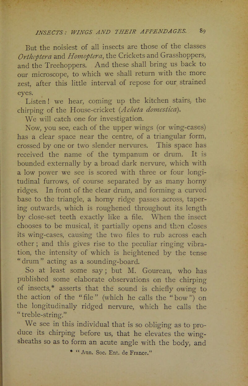 But the noisiest of all insects are those of the classes Orthcptera and Hoinoptcra, the Crickets and Grasshoppers, and the Treehoppers. And these shall bring us back to our microscope, to which we shall return with the more zest, after this little interval of repose for our strained eyes. Listen! we hear, coming up the kitchen stairs, the chirping of the House-cricket (Acheta domestica). We will catch one for investigation. Now, you see, each of the upper wings (or wing-cases) has a clear space near the centre, of a triangular form, crossed by one or two slender nervures. This space has received the name of the tympanum or drum. It is bounded externally by a broad dark nervure, which with a low power we see is scored with three or four longi- tudinal furrows, of course separated by as many horny ridges. In front of the clear drum, and forming a curved base to the triangle, a horny ridge passes across, taper- ing outwards, which is roughened throughout its length by close-set teeth exactly like a file. When the insect chooses to be musical, it partially opens and then closes its wing-cases, causing the two files to rub across each other ; and this gives rise to the peculiar ringing vibra- tion, the intensity of which is heightened by the tense “drum” acting as a sounding-board. So at least some say; but M. Goureau, who has published some elaborate observations on the chirping of insects,* asserts that the sound is chiefly owing to the action of the “ file ” (which he calls the “ bow ”) on the longitudinally ridged nervure, which he calls the “ treble-string.” We see in this individual that is so obliging as to pro- duce its chirping before us, that he elevates the wing- sheaths so as to form an acute angle with the body, and * “ Ann. Soc. Ent. de France.”