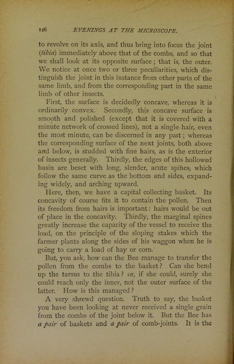 to revolve on its axis, and thus bring into focus the joint (tibia) immediately above that of the combs, and so that we shall look at its opposite surface ; that is, the outer. We notice at once two or three peculiarities, which dis- tinguish the joint in this instance from other parts of the same limb, and from the corresponding part in the same limb of other insects. First, the surface is decidedly concave, whereas it is ordinarily convex. Secondly, this concave surface is smooth and polished (except that it is covered with a minute network of crossed lines), not a single hair, even the most minute, can be discerned in any part; whereas the corresponding surface of the next joints, both above and below, is studded with fine hairs, as is the exterior of insects generally. Thirdly, the edges of this hollowed basin are beset with long, slender, acute spihes, which follow the same curve as the bottom and sides, expand- ing widely, and arching upward. Here, then, we have a capital collecting basket. Its concavity of course fits it to contain the pollen. Then its freedom from hairs is important: hairs would be out of place in the concavity. Thirdly, the marginal spines greatly increase the capacity of the vessel to receive the load, on the principle of the sloping stakes which the farmer plants along the sides of his waggon when he is going to carry a load of hay or corn. But, you ask, how can the Bee manage to transfer the pollen from the combs to the basket ? Can she bend up the tarsus to the tibia ? or, if she could, surely she could reach only the inner, not the outer surface of the latter. How is this managed ? A very shrewd question. Truth to say, the basket you have been looking at never received a single grain from the combs of the joint below it. But the Bee has a pair of baskets and a pair of comb-joints. It is the